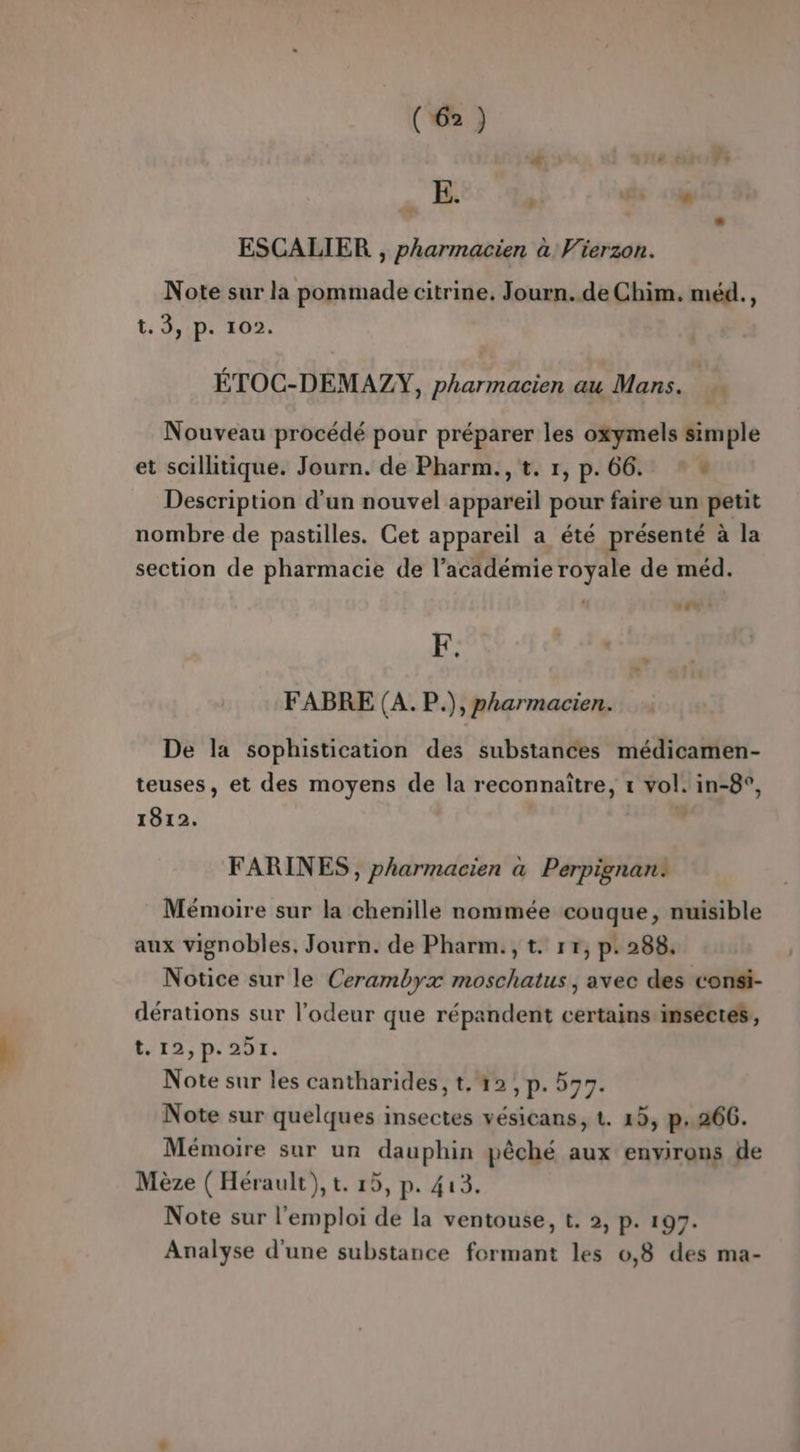 Re: hdi ESCALIER , pharmacien à Vierzon. Note sur la pommade citrine. Journ..de Chim. méd., t.3,.p. 102. ÉTOC-DEÉMAZY, pharmacien au Mans. Nouveau procédé pour préparer les oxymels simple et scillitique. Journ. de Pharm., t. 1, p. 66. « Description d'un nouvel appareil pour faire un petit nombre de pastilles. Cet appareil a été présenté à la section de pharmacie de l’académie royale de méd. a av + F. FABRE (A. P.), pharmacien. De la sophistication des substances médicamen- teuses, et des moyens de la reconnaître, 1 vol. in-8°, 1812. , FARINES, pharmacien à Perpignan: Mémoire sur la chenille nommée couque, nuisible aux vignobles, Journ. de Pharm., t. 17, p. 288, Notice sur le Cerambyx moschatus, avec des consi- dérations sur l'odeur que répandent certains inséctes, t.12,p.291. Note sur les cantharides, t. 42, p. 597. Note sur quelques insectes vésicans, t. 15, p.266. Mémoire sur un dauphin pêché aux environs de Mèze ( Hérault), t. 15, p. 413. Note sur l'emploi de la ventouse, t. 2, p. 197. Analyse d'une substance formant les 0,8 des ma-