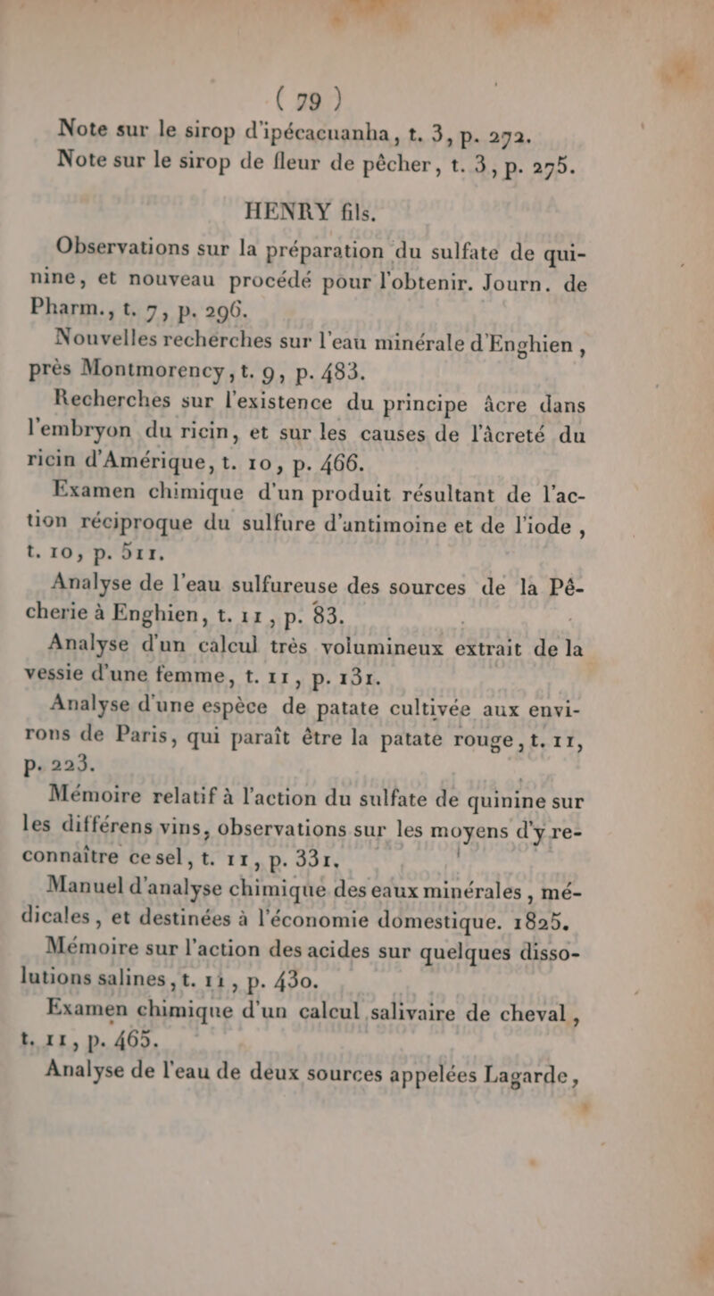 nt | FN (79 ) Note sur le sirop d'ipécacuanha, t. 3, p. 292. Note sur le sirop de fleur de pêcher, t. 3 D 20. HENRY fils. Observations sur la préparation du sulfate de qui- nine, et nouveau procédé pour l'obtenir. Journ. de Pharm., t, 7, p. 296. Nouvelles rechérches sur l'eau minérale d’ Enghien, près Montmorency, t. 9, p. 483. Recherches sur l'existence du principe âcre dans l'embryon du ricin, et sur les causes de l'âcreté du ricin d'Amérique, t. 10, p. 466. Examen chimique d'un produit résultant de l’ac- uon réciproque du sulfure d’antimoine et de l'iode ’ t. 10, p. dr, Analyse de l’eau sulfureuse des sources de la Pé- cherie à Enghien, t. 11, P- 83. Analyse d'un calcul très volumineux extrait de la vessie d’une femme, t. 11 » P-13r. Analyse d'une espèce de patate cultivée aux envi- rons de Paris, qui paraît être la patate rouge ,t.11, P- 223. Mémoire relatif à l’action du sulfate de quinine sur les différens vins, Observations sur les PONS d'y. re- connaître cesel,t. 11, p. 33r. Manuel d’ ren chimique des eaux minérales , mé- dicales , et destinées à l’économie domestique. 1805. Mémoire sur l’action des acides sur quelques disso- lutions salines ,t. 11, p. 430. Examen AR d'un calcul salivaire de cheval, t. 11, p. 465. Analyse de l'eau de déux sources appelées Lagarde,
