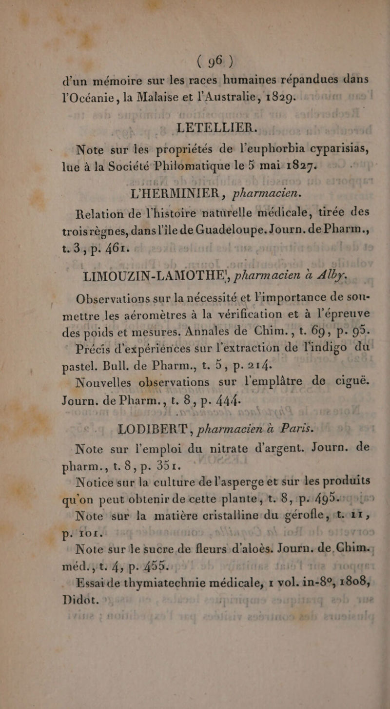 | 3 d'un mémoire sur les races humaines répandues dans l'Océanie, la Malaise et l'Australie, 1829. LETELLIER. Note sur les propriétés de l’euphorbia cyparisias, lue à la Société Philomatique le 5 mai 1827. L'HERMINIER, pharmacien. Relation de l’histoire natürelle médicale, tirée des troisrègnes, dansl'île de Guadeloupe. Journ.dePharm., t.3,p. 461. LIMOUZIN-LAMOTHE!, pharmacien à Alby. Observations sur la nécessité et l'importance de sou- mettre les aéromètres à la vérification et à l'épreuve des poids et mesures. Annales de Chim., t. 69, p. 05. Précis d'expériénces sur l'extraction né lindigo du pastel. Bull. de Pharm., t. 5, p.214. Nouvelles observations sur l'emplâtre de ciguë. Journ. de Pharm., de ce 4äd- LODIBERT pharmacien à Paris Note sur l'emploi du nitrate d'argent. Journ. de pharm.,t.8,p. 391. Notice sur la culture de l’asperge et sur les ps qu'on peut obtenir de cette plante, ?t. 8, p.499. Note sur la matière cristalline du dévoile . x, p: 107. | | méd.,t. 4, p. 455. Didot. :