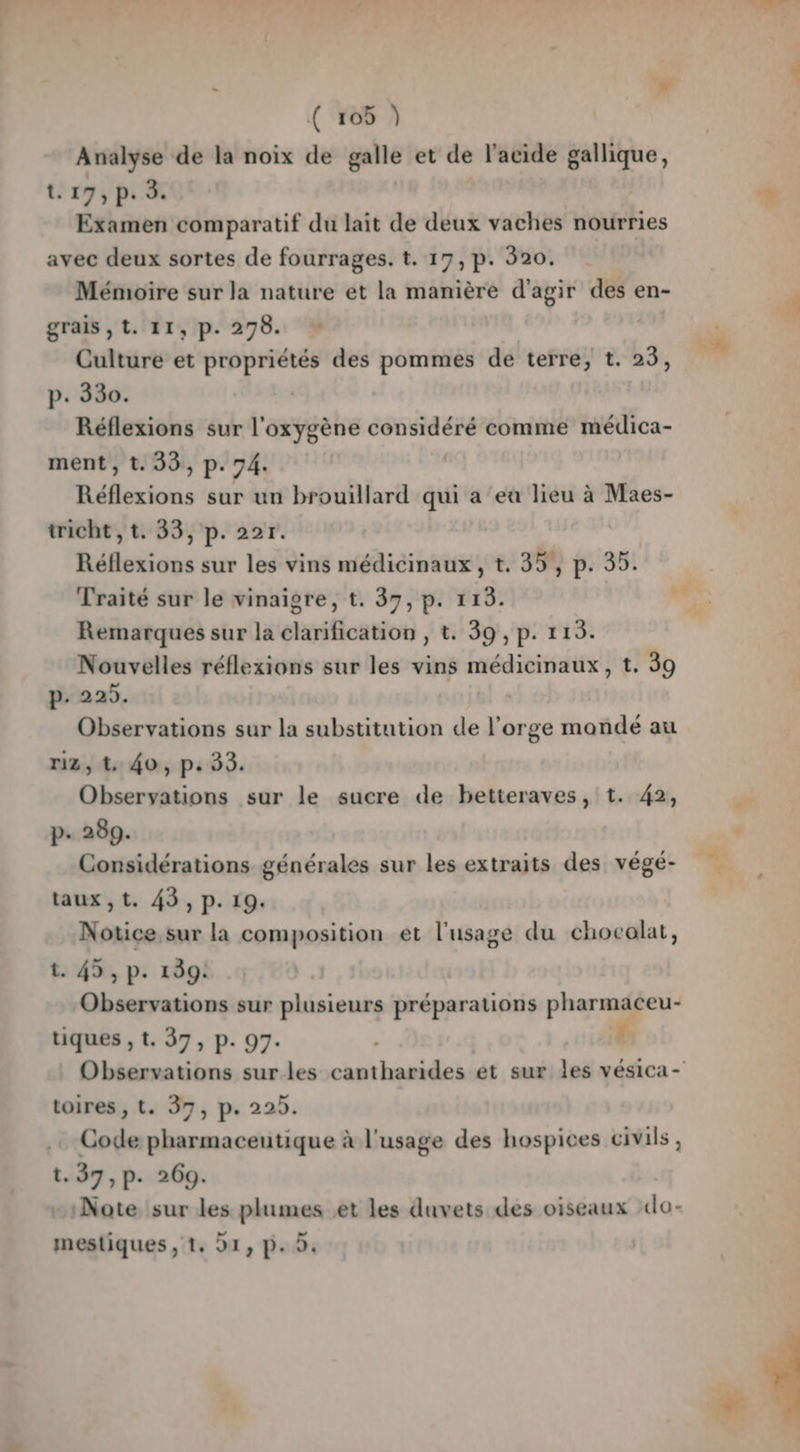 s # ( 105 ) Analyse de la noix de galle et de l'acide gallique, t.19,p. 3. Examen comparatif du lait de deux vaches nourries avec deux sortes de fourrages, t. 17, p. 320. Mémoire sur la nature et la manière d'agir des en- grais ,t. 11,p. 278. M Culture et propriétés des pommes de terre, t. 33. p. 330. Réflexions sur l'oxygène considéré comme médica- ment, t. 33, p. 74. Réflexions sur un brouillard qui a ea lieu à Maes- tricht, t. 33, p. 22r. Réflexions sur les vins médicinaux, t. 35, p. 35. Traité sur le vinaigre, t. 37, p. 113. a Remarques sur la clarification , t. 39 , p. 115. Nouvelles réflexions sur les vins verni. t. 39 p. 225. Observations sur la substitution de l’orge mondé au ri2, t, 40, p. 33. Observations sur le sucre de betteraves, t. 42, p. 289. Considérations générales sur les extraits des végé- taux ,t, 43, p. 19. Notice, sur la composition et l'usage du chocolat, t. 45, p. 139: Observations sur plusieurs préparations pharmaceu- tiques , t. 37, p. 97. Observations sur les cantharides et sur les vésica- toires , t. 37, p. 229. Code pharmaceutique à l'usage des hospices civils , t.37,p. 269. Note sur les plumes et les duvets des oiseaux da- mestiques, 1, 21, p. D.