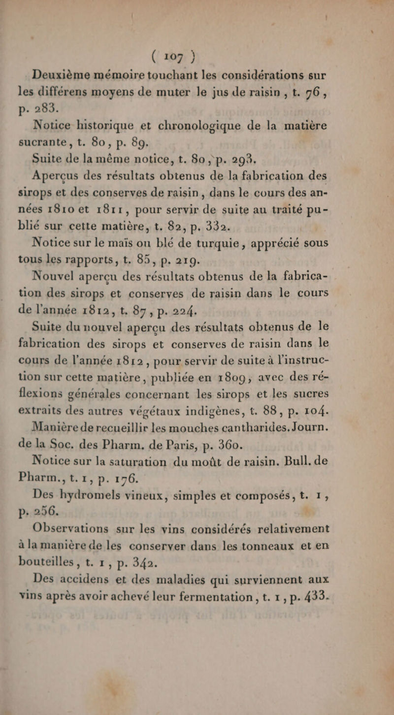 Deuxième mémoire touchant les considérations sur les différens moyens de muter le jus de raisin , t. 96, p- 283. Notice historique et chronologique de la matière sucrante , t. 80, p. 89. Suite de la même notice, t. 80, p. 293. Aperçus des résultats obtenus de la fabrication des sirops et des conserves de raisin, dans le cours des an- nées 1810 et 1811, pour servir de suite au traité pu- blié sur cette matière, t, 82, p. 332. | Notice sur le maïs on blé de turquie, apprécié sous tous Jes rapports, t. 85, p. 219. Nouvel apercu des résultats obtenus de la fabrica- tion des sirops et conserves de raisin dans le cours de l'année 1812, t. 87, p. 224. Suite du nouvel apercu des résultats obtenus de le fabrication des sirops et conserves de raisin dans le cours de l'année 1812, pour servir de suite à l'instruc- tion sur cette matière, publiée en 1809; avec des ré- flexions générales concernant les sirops et les sucres extraits des autres végétaux indigènes, t. 88, p. 104. Manière de recueillir les mouches cantharides.Journ. de la Soc. des Pharm., de Paris, p. 360. Notice sur la saturation du moût de raisin. Bull. de Pharm.,t.1, p. 176. Des hydromels vineux, simples et composés, t. 1, p. 256. h Observations sur les vins considérés relativement à la manière de les conserver dans les tonneaux et en bouteilles , t. 1, p. 342. Des accidens et des maladies qui surviennent aux vins après avoir achevé leur fermentation , t. 1, p. 433.