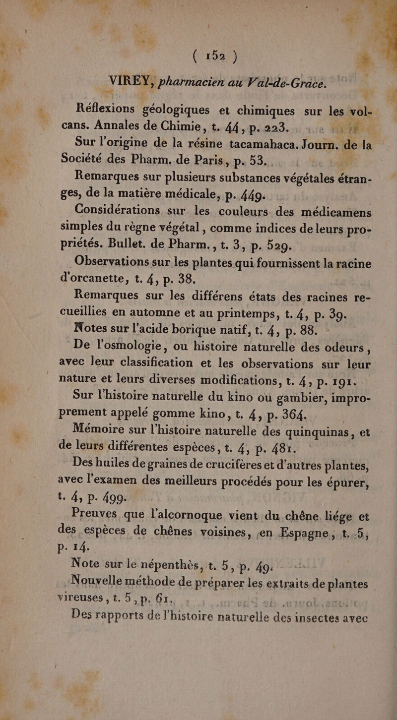 Sd La ( 152) à VIREY, pharmacien au Val-de-Grace. er Le f Réflexions géologiques et chimiques sur les vole cans. Annales de Chimie, t. 44 Re 223..: 11e MER Sur l’origine de la résine tacamahaca. Journ. de la Société des Pharm. de Paris &gt;» Pe 53. F Remarques sur plusieurs substances végétales étran- ges, de la matière médicale, p. 449. | Considérations sur les couleurs. des médicamens simples du règne végétal, comme indices de leurs pro- priétés. Bullet. de Pharm., t. 3, p. 529. Observations sur les plantes qui fournissent la racine d'orcanette, t. 4, p. 38. Remarques sur les différens états des racines re- cueillies en automne et au printemps, t. 4, p. 39. Notes sur l'acide borique natif, t. 4, p. 88. De l'osmologie, ou histoire naturelle dés odeurs, avec leur classification et les observations sur leur nature et leurs diverses modifications, t. 4, p. 191. Sur l'histoire naturelle du kino ou gambier, impro- prement appelé gomme kino, t. 4, p. 364. Mémoire sur l’histoire naturelle des quinquinas, et de leurs différentes espèces, t. 4, p. 481. Des huiles de graines de crucifères et d’autres plantes, avec l'examen des meilleurs procédés pour les épurer, t. 4, p. 490. Preuves que l’alcornoque vient du chêne. liége et des espèces de chênes. voisines, ;en Espagne, t..5, P. 14. Note sur le népenthès, t. 5,p. 49. Nouvelle méthode de préparer les extraits de plantes vireuses , t, 5,p. 67. d h erolsétoit Des rapports de l’histoire naturelle des insectes avec