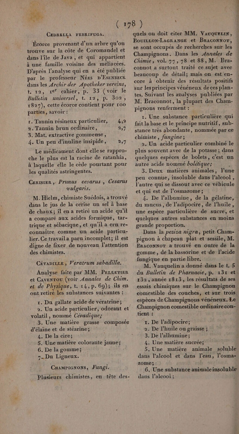 CEDRELLA FEBRIFUGA. Écorce provenant d’un arbre qu’on trouve sur la côte de Coromandel et dans l’île de Java , et qui appartient à une famille voisine des méliacées. D’après l'analyse qui en a été publiée par le professeur Nées D'EsENBECKk dans les Archir der Apotheker vereins, t. 12, 1e cahier, p. 33 (voir le Bulletin universel, t. 12, p. 302, x827), cette écorce contient pour 100 parties, SAVOIr : 1. Tannin résineux particulier, 4,2 2. Tannin brun ordinaire, 2,7 3. Mat. extractive gommeuse , 4. Un peu d'inuline insipide, 2,7 Le médicament dont elle se rappro- che le plus est la racine de ratanhia, à laquelle elle le cède pourtant pour les qualités astringentes. Cerister ,. Prunus cesarus , Cesarus vulgaris. M. Hielm, chimiste Suédois, a trouvé dans le jus de la cerise un sel à base de chaux; il en a retiré un acide qu’il a comparé aux acides formique, tar- trique et sébacique , et qu'il a cru re- connaître comme un acide particu- lier. Ce travaila paru incomplet; il est digne de fixer de nouveau lattention des chimistes. Cévaniize . Veratrum sabadilla. Analyse faite par MM. PELLETIER et Cavenrou (voir Annales de Chim. et de Physique, t. 14,p. 69); ils en ont retiré les substances suivantes : r. Du gallate acide de vératrine; 2. Un acide particulier, odorant et volatil , nommé Cévadique; 3, Une matière grasse composée d’élaïne et de stéarine; 4. De la cire; 5. Une matière colorante jaune; 6. De la gomme; 7. Du Ligneux. Cramricnons, Fungi. Plusieurs chimistes, en tête des- quels on doit citer MM. VauquEnK, Bour£Lon-LAGRANGE et Braconnor, se sont occupés de recherches sur les Champignons. Dans les Annales de Chimie, vol. 97, 78 et 88, M. Bra- connot a surtout traité ce sujet avec beaucoup de détail; mais on est en- core à obtenir des résultats positifs sur lesprincipes vénéneux de ces plan- tes. Suivant les analyses publiées par M. Braconnot, la plupart des Cham- pignons renferment : ; 1. Une substance particulière qui fait la base et le principe nutritif, sub- stance très abondante, nommée par ce chimiste, fungine ; plus souvent avec de la potasse; dans quelques espèces de bolets, c’est un autre acide nommé bolétique; 3. Deux matières animales, lune peu connue, insoluble dans l'alcool , et qui est de l’osmazome ; 4. De l’albumine, de la gélatine, du mucus, de l’adipocire, de l’huile, une espèce particulière de sucre, et quelques autres substañces en moins grande proportion. Dans la peziza nigra, peët ‘Cham- pignon à chapeau plat et sessile, M. BRAGoNNOT a trouvé en Outre de la gomme , de la bassorine et de lacide fangique en partie libre. M. Vauquelin a donné dans le t. # du Bulletin de Pharnacie, p. 132, année 1813, les résultats de ses espèces de Champignons vénéneux. Le Champignon comestible ordinaire con- tient : 1. De l’adipocire; 2. De l'huile ou graisse ; 3. De l’albanmine; &amp;. Une matière sucrée; 5. Une matière animale soluble dans l'alcool et dans l’eau, l’osma- zOME ; 6, Une substance animale insolable dans l’alcooi ;