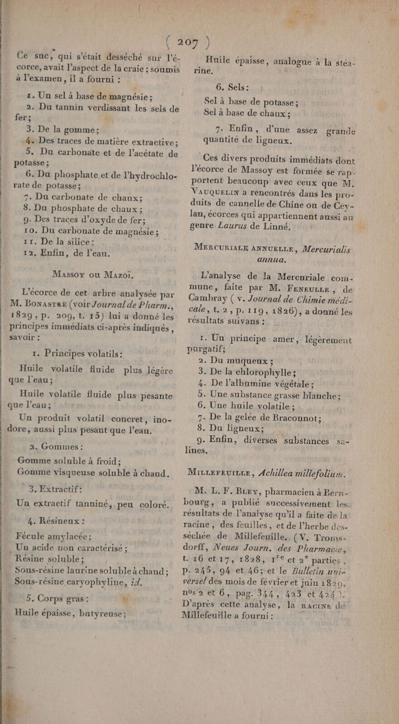 . Ce suc, qui s'était desséché sur l’é- corce, avait l’aspect de la craie ; soumis à l'examen, il a fourni : r. Un sel à base de magnésie ; 2. Du tannin verdissant les sels de fer; 3. De la gomme; 4. Des traces de matière extractive; 5. Du carbonate et de l’acétate de potasse ; 6. Du phosphate.et de l’hydrochlo- rate de patasse; 7. Du carbonate de chaux; 8. Du phosphate de chaux ; 9- Des traces d’oxyde de fer; 10. Du carbonate de magnésie ; 11. De Ja silice: 12. Enfin, de l'eau. Massoy ou Mazoi, L’écorce de cet arbre analysée par M. Boxasree (voir Journal de Pharm., 1829, p. 209, t. 15) lui a donné les principes immédiats ci-après indiqués , savoir : 1. Principes volatils: Huile volatile fluide plus Jégère que l'eau; Huile volatile fluide plus pesante que l’eau; Un produit volatil concret, ino- dore, aussi plus pesant que l’eau. 2. Gommes : Gomme soluble à froid; Gomme visqueuse soluble à chaud. © 3. Extractif: Un extractif tanniné, peu coloré. 4. Résineux : Fécule amylacée ; Un acide non caractérisé ; Résine soluble ; Sous-résine laurine soluble à chaud ; Sous-résine caryophyline, id. 5. Corps gras: b Huile épaisse, batyreuse ; Huile épaisse, analogue à la stéa- rine. | 6. Sels: Sel à base de potasse ; Sel à base de chaux ; 7: Enfin, d’une assez grande quantité de ligneux. Ces divers produits immédiats dont l'écorce de Massoy est formée $e rap- portent beaucoup avec ceux que M. VAUQUELIN a rencontrés dans les pro- duits de cannelle de Chine où de Cey- lan, écorces qui appartiennent aussi au genre Laurus de Linné. MERCURIALE ANNUELLE &gt;» Mercurialis annua. L’analyse de la Mercuriale com- mune, faite par M. Feneurre, de Cambray ( v. Journal de Chimie medi- cale,t.2,p.119, 1826), a donné les résultats suivans : 1. Un principe amer, légèrement purgatif; 2. Da muqueux ; 3. De la chlorophylle ; 4. De l’albumine végétale ; 5. Une substance grasse blanche; 6. Une huile volatile ; 7- De la gelée de Braconnot; 8. Du ligneux; 9. Enfin, diverses substances sa- lines. Mirrersurcce, Achillea millefoliur. M. L.F. Brey, pharmacien à Bern- bourg, a publié successivement les. résultats de l'analyse qu’il a faite de La racine , des feuilles, et de l’herbe des. séchée de Millefeuille.. (V. Troms- dorff, Neues Jourr. des Pharmacie, t. 16 et17, 1828, 1°° et 2° parties, P- 245, 94 et.46; et le Bulletin uni- vérsel des mois de février et juin 1820,