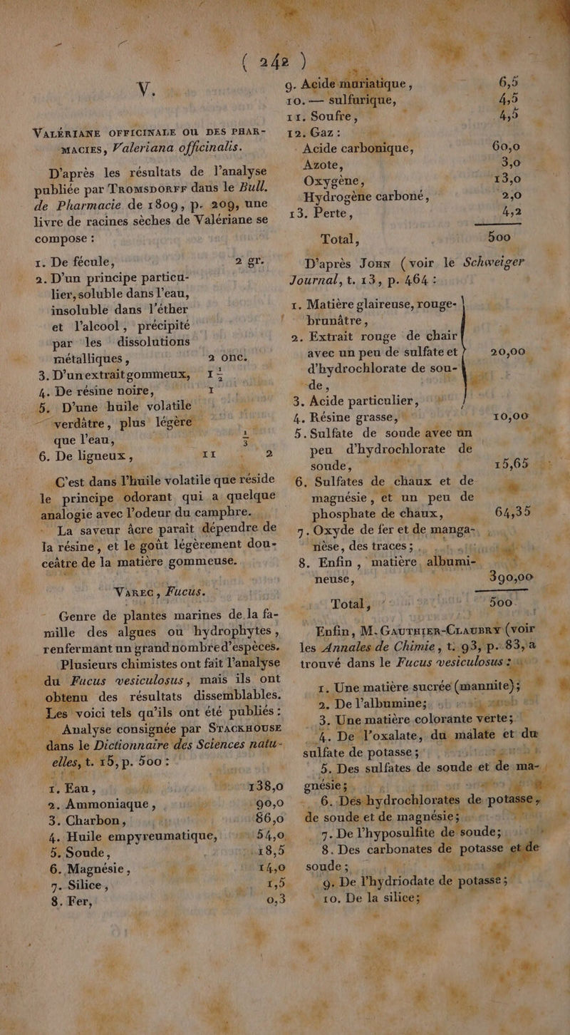 Ne VALÉRIANE OFFICINALE OU DES PHAR- macies, Valeriana officinalis. D' après les résultats de l’analyse publiée par Tromsporrr dans le Bull. de Pharmacie de 1809, p. 209, une livre de racines sèches de Valériane se compose : r. De fécule, 2. D'un principe particu- lier,soluble dans l’eau, insoluble dans l’éther et l'alcool, précipité par les dissolutions métalliques , 3. D’unextraitgommeux, 4. De résine noire, 5. D'une huile volatile — werdâtre, plus légère que l’eau, 6. De ligneux , 2 gr. 2 onc. pie 4 Cf IT ‘ 2 _ C'est dans Thuile volatile que Péide le principe odorant qui a quelque analogie avec l’odeur du camphre. La saveur âcre parait dépendre de la résine, et le goût légèrement dou- ceâtre de la matière gommeuse. Vire : Fucus. Genre de plantés marines de.la fa- renfermant un grandnombred’espèces. Plusieurs chimistes ont fait l'analyse du Fucus vesiculosus, maïs ils ont obtenu des résultats dissemblables. Les voici tels qu ils ont été publiés : elles, t. 15,p. 500 : AE Vu 3e Me 1, Eau, 7. AR “he 138,0 2. Ammoniaque, 4 90,0 3. Charbon, 86,0 4. Huile empyreumatique, 54,0. 5. Soude, .18,5 6. Magnésie, M à 14,0 7. Silice , FIRE br” 8. Fer, dl ri LL « * 6,5 10.— sulfur que, 4,5 11, Soufre, 1 4,9 12. Gaz: qu - Acide carbonique, 60,0 Azote, 3,0 Oxygène, 13,0 Hydrogène carboné, 2,0 13. Perte, 4,2 Total, boo D'après Joux (voir le Schweiger Journal, t. 13, p. 464: 1. Matière glaireuse, rouge- brunätre, 2. Extrait rouge de chair avec un peu de sulfate et 20,00 d'hydrochlorate de sou-À “de, ve Fe 3. Acide particulier, # 4. Résine grasse, * 10,00 5.Sulfate de soude avee ün , peu d'hydrochlorate de soude, * 15,65 6. Sulfates de chaux et de. + magnésie, et un peu de phosphate de chaux, é 64,35 7. Oxyde de fer et de PÉTER “Sy nèse, des traces; de: SR 8. Enfin , matière albumi- À neuse, 390,00 Total, 500. Enfin, M. Gbroa on ET ER (voir les Linnalek de Chimie, t: 93, p.83, a trouvé dans le Fucus vesiculosus aus &gt;, M 2. De l’albumine; seb 3. Une matière colorante verte; ie De. l’oxalate, du idlaté et 1 sulfate de potasse ; 3. Des sulfates de soude ét gnésiez , x 4 10: Des-hydrochlorates. … “4 de soude et de magnésie; 7.Del hyposulfite de ‘soude; 8. Des carbonates de potasse | e soude; im , 498 De l'hÿ driodate de potasse; 4 10, De la Cu a) ie ? L