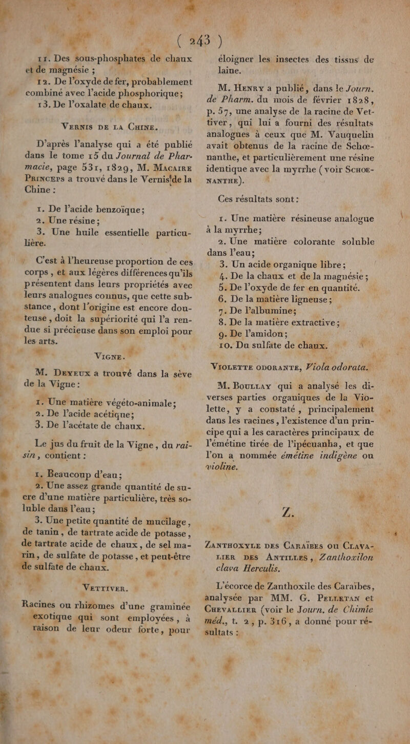 L$. Des sous-phosphates de chaux et de magnésie ; : En 12. De l’oxyde de fer, probablement combiné avec l'acide phosphorique; 13. De l’oxalate de chaux. VERNIS DE LA CHINE. D’après l’analyse qui a été publié dans le tome 15 du Journal de Phar- macie, page b31, 1829, M. Macarre PriNcgrs a trouvé dans le Verniside la Chine : 1. De l’acide benzoïque; 2. Une résine; 3. Une huile essentielle particu- lière. + » C'est à l’heureuse proportion de ces corps , et aux légères différences qu’ils présentent dans leurs propriétés avec leurs analogues counus, que cette sub- stance , dont l’ origine est encore dou- teuse LÉ la supériorité qui l’a ren- due si précieuse dans son emploi pour les arts. M. : VIGNE. e: M. Dexeux à trouvé dans la sève de la Vigne : ? 1. Une matière végéto-animale; 2. De l'acide acétique; 3. De l’acétate de chaux. Le ; jus du fruit de la Lie A du rai- sin, contient : Beaucoup d’eau; # Une assez inde quantité de su- cre d’une matière particulière, très so- luble dans l’eau; 3. Une : petite quantité de mucilage, de tanin, , de tartrate acide de potasse , de tartrate acide de chaux, de sel ma- rin, de sulfate de potasse, % peut-être sulfate de chaux. *  # À c Verriver. | Racines ou rhizomes d’une graminée | exotique qui sont employées, à raison de leur odeur forte, pour À L a. en = &gt; . ÿ #  Éd: à LS : AE V* s é éloigner les insectes des tissus de laine, M. Henry a publié, dans le Journ. de Pharm. du mois de février 1828, p. 57, une analyse de la racine de Vet- tiver, qui lui a fourni des résultats analogues à ceux qué M. Vauquelin avait obtenus de la racine de Schæ- nanthe, et particulièrement une résine identique avec la myrrhe (voir Scaoe- NANTHE). ' Ces résultats sont : 1. Une matière résineuse analogue à la myrrhe; 2. Une matière colorante soluble dans l’eau; 3. Un acide organique libre; 4. De la chaux et de la magnésie ; 5. De l’oxyde de fer en quantité. 6. De la matière ligneuse ; 7. De lalbumine; 8. De la matière extractive; 9. De l’amidon; 10. Du sulfate de chaux. ee M. Bourray qui a analysé les di- lette, y a constaté, principalement dans de racines , l’existence d’un prin- cipe qui a les caractères principaux de l’'émétine tirée de l'ipécuanha, et que l’on a nommée émétirne indigène ou violine. ah ZANTHOXYLE DES CarAïBEs où CLava- clava Herculs. L’'écorce de Zanthoxile des Caraïbes, analysée par MM. G. Prrreran et Cæevarcier (voir le Journ. de Chimie méd., t. 2, p. 316, a donné pour ré- sultats :