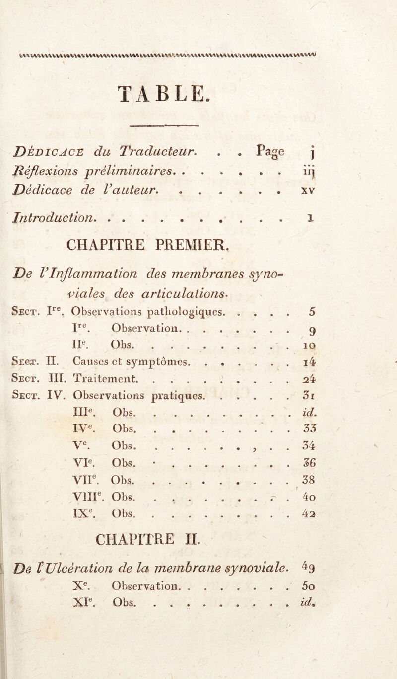 VV\WVt'WVWVWV»/VW»WW\'W*WV\*fcWVWkW;'4W*i.'VV%'VVV\lW'i\‘VlW%il\l»A/Vi»^'V»/VWV»A^ TABLE. Dédicace du Traducteur. . . Page j Réflexions préliminaires îij Dédicace de Vauteur xv Introduction l CHAPITRE PREMIER. De VInflammation des membranes syno-- viales des aj'ticulations. Sect. P®. Observations patliologiques 5 P®. Observation 9 IP. Obs .10 Srax. II. Causes et symptômes 14- Sect. III. Traitement 24 Sect. IV. Observations pratiques 3i IIP. Obs id. IV®. Obs . 35 V®. Obs . . 34 VP. Obs. • 36 VIP. Obs 38 VHP. Obs. . ..'40 IX®. Obs 42 CHAPITRE IL De t Ulcération de la membrane synoviale. ^9 X®. Observation 5o XP. Obs id^