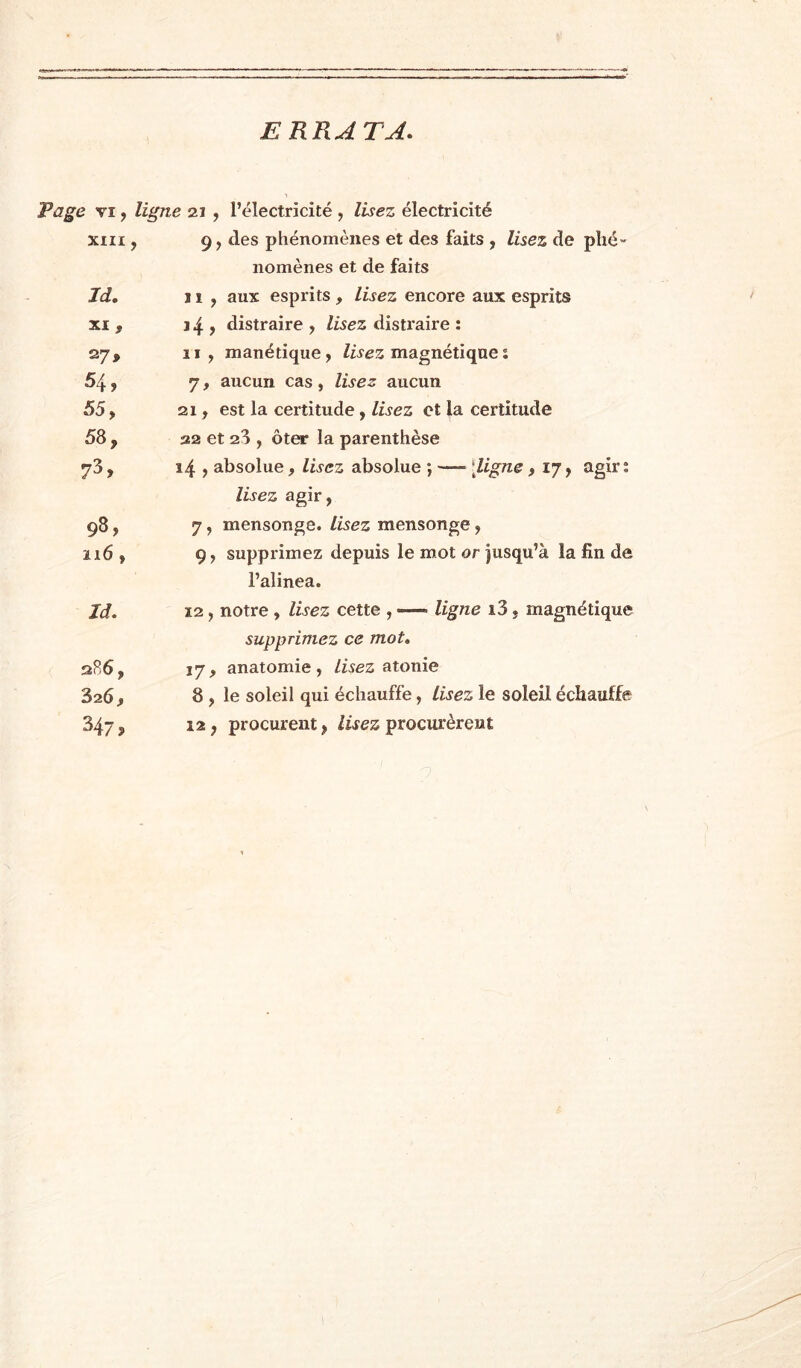 ERRATA. Page VI, XIII Jd, XI, 27 > 54, 55, 58, 73, 98, Ï16 , Id. 286, 326 , 347, ligne 21 , l’électricité , lisez électricité , 9, des phénomènes et des faits , lisez de phé- nomènes et de faits 11, aux esprits , lisez encore aux esprits J 4 , distraire , lisez distraire : 11, manétique, Zwes magnétique î 7, aucun cas, lisez aucun 21, est la certitude, lisez et la certitude 32 et 28 , ôter la parenthèse 14 , absolue, lisez absolue ; — iZigtze, 17, agir: lisez agir, 7, mensonge, lisez mensonge, 9, supprimez depuis le mot or jusqu’à la fin de l’alinea. 12, notre, lisez cette , —- ligne i3, magnétique supprimez ce mot, 17, anatomie. Lisez atonie 8 , le soleil qui échauffe, Lisez le soleil échauffe 12, procurent, procurèrent