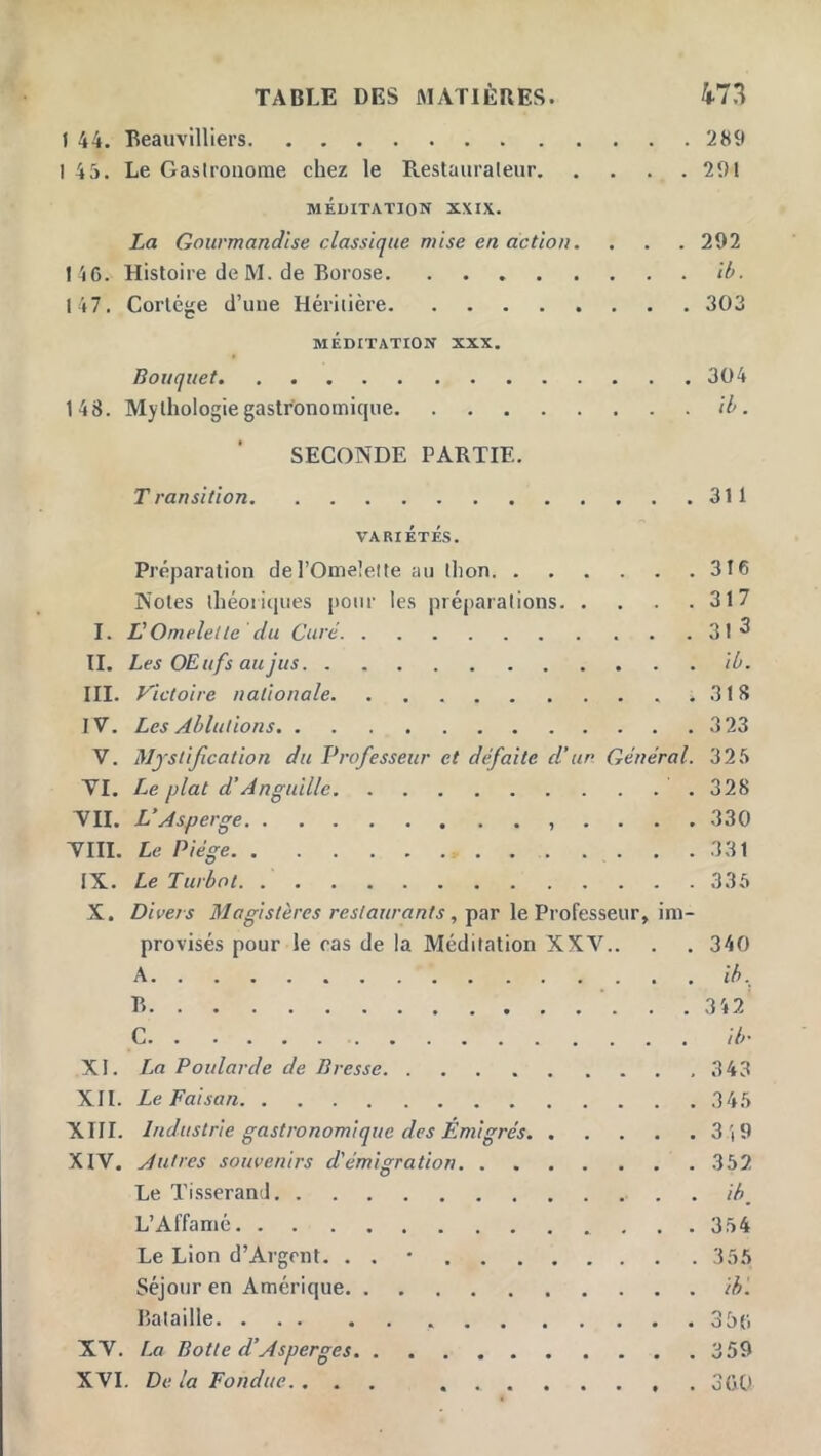 J 44. Beauvilliers 289 145. Le Gastronome chez le Restaurateur 291 MÉDITATION XXIX. La Gourmandise cJassique mise en action. . . . 292 146. Histoire de M. de Borose. Ih. 147. Cortège d’une Héritière 303 MÉDITATION XXX. Bouquet 304 148. Mythologie gastronomique il>. SECONDE PARTIE. Transition 311 VARIÉTÉS. Préparation del’Omeîelte au thon 316 Notes théoriques {tour les préparations 317 I. ÜOmelette du Curé 31 ^ II. Les OE U fs au jus iù. III. Fictoire nationale 318 IV. Les Ablutions 323 V. Mystification du Professeur et défaite d’ur Général. 325 VI, Le plat d’Anguille 328 VII. L'Asperge .... 330 VIII. Le Piège 331 IX. Le Turbot 335 X. Divers Magistères restaurants, par le Professeur, im- provisés pour le cas de la Méditation XXV.. . . 340 A ih. B 342' C ib- XI. La Poularde de Bresse .343 XII. Le Faisan 345 XIII. Industrie gastronomique des Émigrés 3 4 9 XIV, Autres souvenirs d'émigration 352 Le Tisserand . ih_ L’Affamé 354 Le Lion d’Argcnt. . . • 355 Séjour en Amérique ih'. Bataille 35{> XV. La Botte d'Asperges 359 XVI. De la Fondue. . . . 360