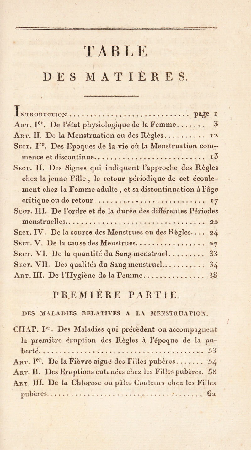 TABLE DES MATIÈRES. Introduction ^ Art. De l’état physiologique de la Femme 3 Art. II. De la Menstruation ou des Règles 12 Sect. I*®. Des Epoques de la vie où la Menstruation com« mence et discontinue i3 Sect. II. Des Signes qui indiquent l’approche des Règles chez la jeune Fille , le retour périodique de cet écoule- ment chez la Femme adulte, et sa discontinuation à l’âge critique ou de retour 17 Sect. III. De l’ordre et de la durée des dilFérentes Périodes menstruelles 22 Sect. IV. De la source des Menstrues ou des Règles... . 24 Sect. V. De la cause des Menstrues 27 Sect. VI. De la quantité du Sang menstruel 33 Sect. VII. Des qualités du Sang menstruel 34 Art. IJI. De l’Hygiène de la Femme 38 PPvEMIÉRE PARTIE. DES MALADIES RELATIVES A LA MENSTRIJATIOIY. CHAP. Des Maladies qui précèdent ou accompagnent la première éruption des Règles à l’époque de la pu- berté 53 Art. P^. De la Fièvre aiguë des Filles pubères 54 Art. II. Des Eruptions cutanées chez les Filles pubères. 5S Art III. De la Chlorose ou pâles Couleurs cliez les Filles pubères • , 62