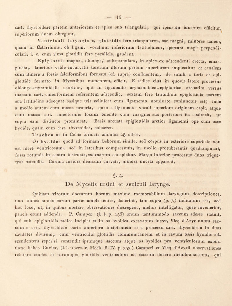 cart* thyreoideae partem anteriorem et apice suo triangulari, qui ipsorum iunctura efficitur, superiorum finem obtegunt^ Ventriculi laryngis s* glottidis fere triangulares, sat magni, minores tamen, quam in Catarrhinis, ob ligam, vocalium inferiorum latitudinem, apertura magis perpendi- culari, e. cum rima glottidis fere parallela, gaudent. Epiglottis magna, oblonga, subspaihulata, in apice ex adseendenti erecta, emar- ginata, lateribus valde incurvatis tororum illorum partem superiorem amplectitur et canalem cum itinere a fossis falciformibus formato (cf. supra) confluentem, de simili a toris et epi- glottide formato in Mycetibus monentem, efficit^ E radice eius in quovis latere processus oblongo - pyramidalis exoritur, qui in ligamento arytaenoideo - epiglottico arcuatim versus massam cart* cuneiformem referentem adseendit, sextam fere latitudinis epiglottidis partem sua latitudine adaequat basique tela cellulosa cum ligamento nominato coniunctus est; inde a medio autem cum massa propria, quae a ligamento vocali superiore originem capit, atque cum massa cart, cuneiformis locum tenente cum margine suo posteriore ita coalescit, ut supra eam distincte promineat* Basis arcuata epiglottidis arctior ligamenti ope cum osse hyoide, quam cum cart. thyreoidea, cohaeret. Trachea ut in Cebis formata annulos 23 offert* Os hyoidea quod ad formam Ceborum simile, sed corpus in exteriore superficie non est mere ventricosum, sed in lateribus compressum, in medio protuberantia quadrangulari, fossa rotunda in centro instructa, exornatum conspicitur. Margo inferior processus duos trique- tros ostendit* Cornua maiora deorsum curvata, minora uncata apparent* §♦ 4* De Mycetis ursini et seniculi larynge. Quinam virorum doctorum horum maxime memorabilium laryngum descriptiones, non omnes tamen eorum partes amplectentes, dederint, iam supra (p* 7.) indicatum est, sed hoc loco, ut, in quibus nostrae observationes discrepent, melius intelligatur, quae invenerint, paucis erunt addenda. P* Camper (1. 1. p. 156) unum tantummodo saccum adesse statuit, qui sub epiglottidis radice incipiat et in os hyoides excavatum intret* Vicq d’Azyr unum sac- cum e cart* thyrecideae parte anteriore incipientem et a processu cart. thyreoideae in duas cavitates divisum, cum ventriculis glottidis communicantem et in cavum ossis hyoidis ad- scendentem reperiri contendit ipsumque saccum atque os hyoides pro ventriculorum exten- tione habet. Cuvier* (h 1. ubers. v* Meck* B. IV. p. 353.) Camperi et Vicq d’Azyrii observationes refutare studet et utrumque glottidis ventriculum ad saccum ducere membranaceum, qui