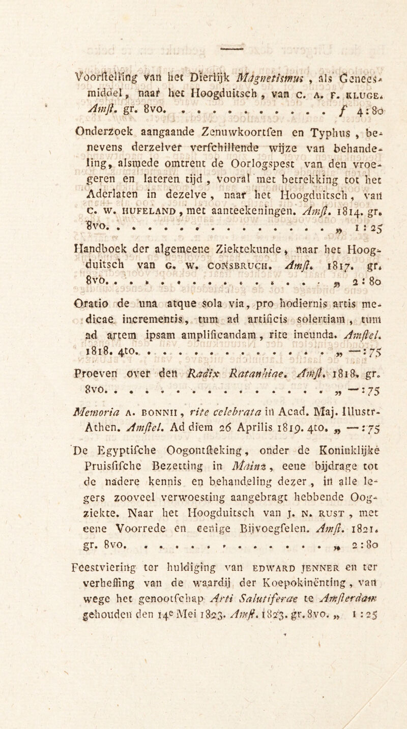 Voortelling van het Dierlijk Mdgnetimus , als deneer middel , naa^ het Hoogduitsch , van c. a. f. kluge* Amfl. gr. 8vo. .......... f 41 Onderzoek aangaande Zenuwkoortfen en Typlnis , be- nevens derzelver verfchillende wijze van behande- ling, alsmede omtrent de Oorlogspest van den vroe- geren en lateren tijd. Voorat met betrekking tot het Aderlaten in dezelve, naaf het Hoogduitsch, van c. w. HUFELAND,met aanteekemngen. Amfl. 1814. gr. » I! 25 Handboek der algemeene Ziektekunde, naar het Hoog- duitsch van g. w, eotfsBRUcii. Amjh 1817. gr* 8^ Ö,« . . . « . « » * . . . . , yy 2* BO - \ Oratio de una atque sola via, pro hodiernis artis me- dicae incrementis, tum ad artiiicis solertiam , tuin ad artem ipsam ampliiicandam, rite ineunda. AmfleL 1818. 4to. „ —175 - u •' '• ; - ~ ; ’ • • 5 > UL - IV' ; Proeven over den Radix Ratanhiae. Amfl. 1818. gr* Svo. . . . . „ —: 75 Memoria a. bonnii, rite celebrata in Acad. Maj. lllustr- Athen. AmfleL Ad diem 26 Aprilis 1819.4:0, „ —: De Egyptifche Oogontsteking, onder de Koninklijkè Pruisftfche Bezetting in Maint, eene bijdrage tot de nadere kennis en behandeling dezer , in alle le- gers zooveel verwoesting aangebragt hebbende Oog- ziekte. Naar het Hoogduitsch van j. n. rust , met eene Voorrede en eenige Bijvoegfelen. Amfl. 1821* gr. 8vo. „2:80 Feestviering ter huldiging van edward jenner en ter verheffing van de waardij der Koepokinenting, van wege het genootfchap Arti Salutiferae te Amfl er dam gehouden den 14e Mei 1823. Amfl. 18V3. gr.Svo. „ 1 : 25 1 { N