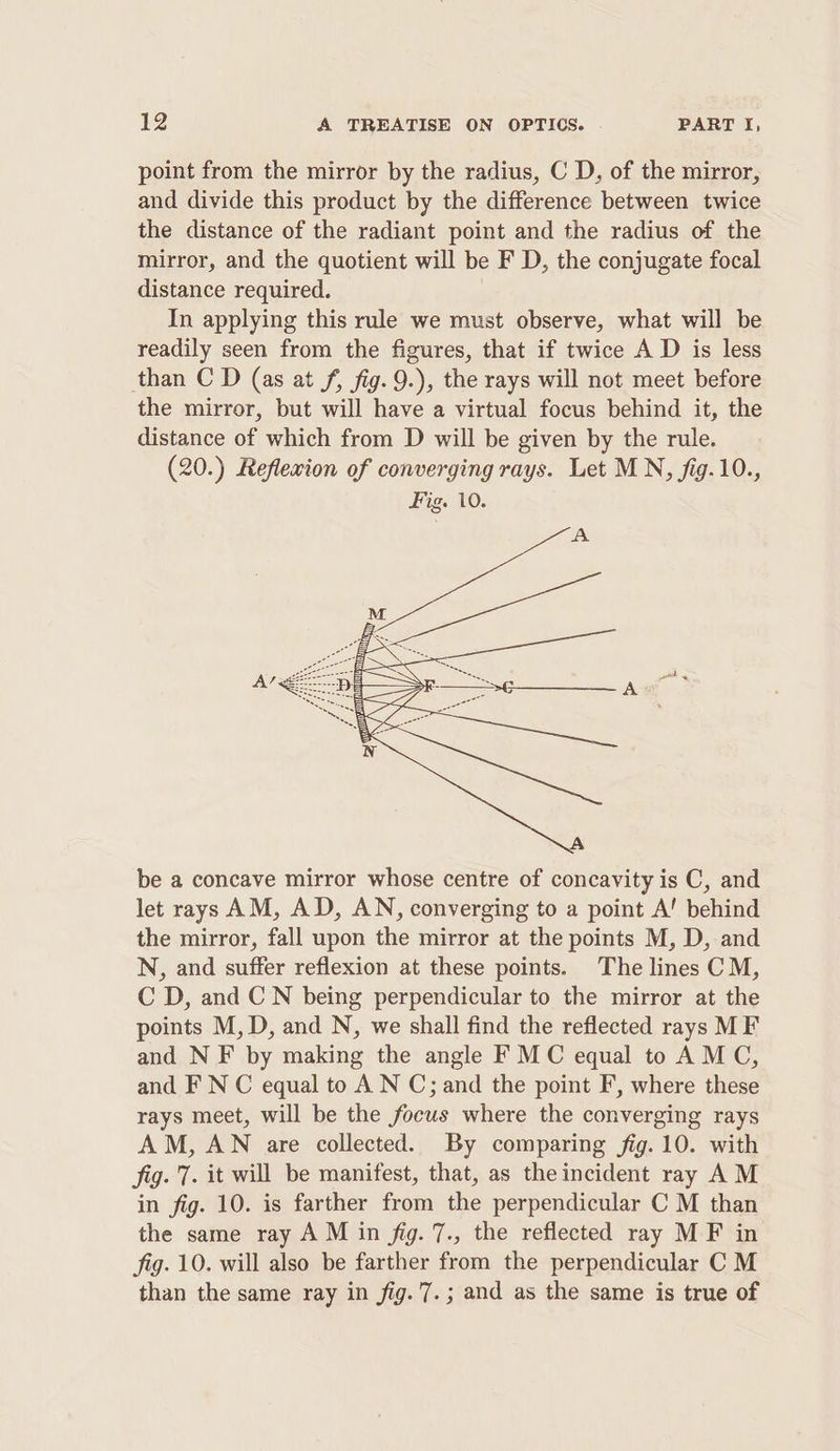 point from the mirror by the radius, C D, of the mirror, and divide this product by the difference between twice the distance of the radiant point and the radius of the mirror, and the quotient will be F D, the conjugate focal distance required. In applying this rule we must observe, what will be readily seen from the figures, that if twice A D is less than C D (as at f, fig. 9.), the rays will not meet before the mirror, but will have a virtual focus behind it, the distance of which from D will be given by the rule. (20.) Reflexion of converging rays. Let MN, fig.10., Fig. 10. be a concave mirror whose centre of concavity is C, and let rays AM, AD, AN, converging to a point A! behind the mirror, fall upon the mirror at the points M, D, and N, and suffer reflexion at these points. The lines CM, C D, and CN being perpendicular to the mirror at the points M, D, and N, we shall find the reflected rays M F and N F by making the angle F MC equal to AM C, and F N C equal to A N C; and the point F, where these rays meet, will be the focus where the converging rays AM, AN are collected. By comparing fig. 10. with fig. 7. it will be manifest, that, as theincident ray A M in fig. 10. is farther from the perpendicular C M than the same ray AM in fig. 7., the reflected ray MF in fig. 10. will also be farther from the perpendicular C M than the same ray in fig. 7.; and as the same is true of