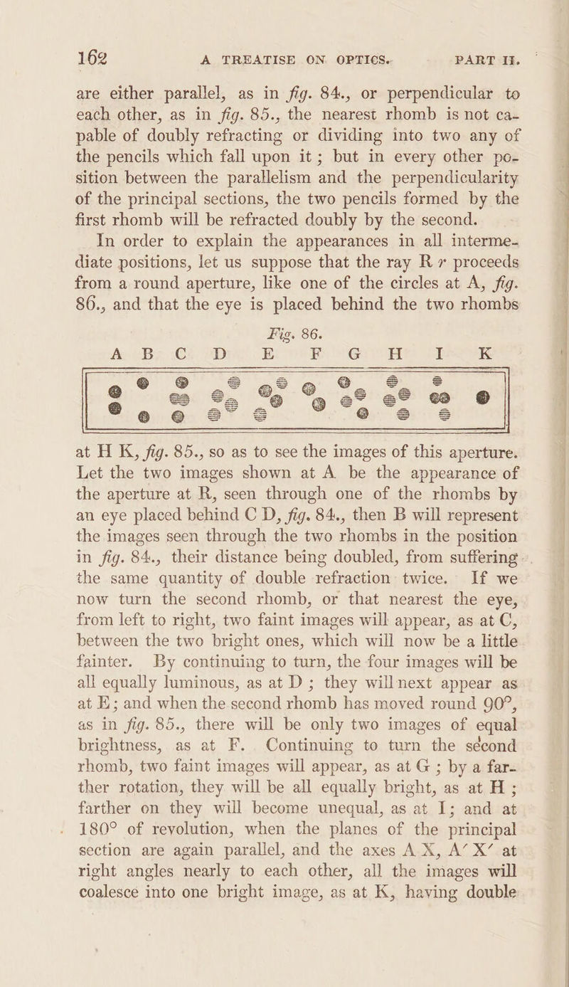 are either parallel, as in fig. 84., or perpendicular to each other, as in fig. 85., the nearest rhomb is not ca- pable of doubly refracting or dividing into two any of the pencils which fall upon it; but in every other po- sition between the parallelism and the perpendicularity of the principal sections, the two pencils formed by the first rhomb will be refracted doubly by the second. In order to explain the appearances in all interme- diate positions, let us suppose that the ray R 7 proceeds from a round aperture, like one of the circles at A, fig. 86., and that the eye is placed behind the two rhombs B e ® © at H K, fig. 85., so as to see the images of this aperture. Let the two images shown at A be the appearance of the aperture at R, seen through one of the rhombs by an eye placed behind C D, fig. 84., then B will represent the images seen through the two rhombs in the position the same quantity of double refraction twice. If we now turn the second rhomb, or that nearest the eye, from left to right, two faint images will appear, as at C, between the two bright ones, which will now be a little fainter. By continuing to turn, the four images will be all equally luminous, as at D ; they willnext appear as at E; and when the second rhomb has moved round 90°, as in fig. 85., there will be only two images of equal brightness, as at F. Continuing to turn the second rhomb, two faint images will appear, as at G ; by a far- ther rotation, they will be all equally bright, as at H ; farther on they will become unequal, as at I; and at 180° of revolution, when the planes of the principal section are again parallel, and the axes AX, A’ X’ at right angles nearly to each other, all the images will coalesce into one bright image, as at K, having double a