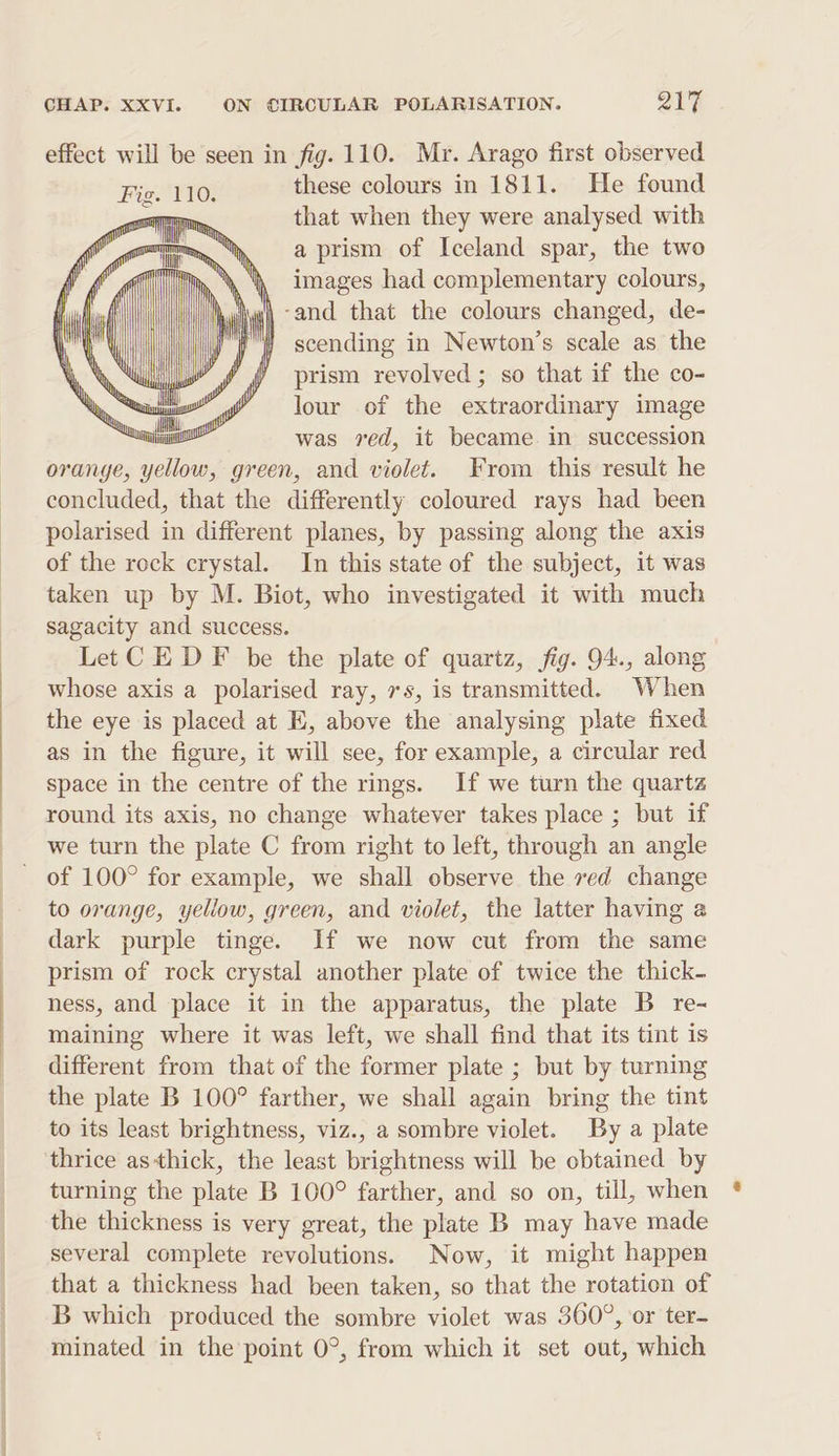 effect will be seen in fig. 110. Mr. Arago first observed these colours in 1811. He found that when they were analysed with a prism of Iceland spar, the two images had complementary colours, -and that the colours changed, de- scending in Newton’s scale as the prism revolved ; so that if the co- lour of the extraordinary image was red, it became. in succession orange, Tem, green, and violet. From this result he concluded, that the differently coloured rays had been polarised in different planes, by passing along the axis of the rock crystal. In this state of the subject, it was taken up by M. Biot, who investigated it with much sagacity and success. Let CE DF be the plate of quartz, fig. 94., along whose axis a polarised ray, 7's, is transmitted. When the eye is placed at E, above the analysing plate fixed as in the figure, it will see, for example, a circular red space in the centre of the rings. If we turn the quartz round its axis, no change whatever takes place ; but if we turn the plate C from right to left, through an angle to orange, yellow, green, and violet, the latter having a dark purple tinge. If we now cut from the same prism of rock crystal another plate of twice the thick- ness, and place it in the apparatus, the plate B re- maining where it was left, we shall find that its tint is different from that of the former plate ; but by turning the plate B 100° farther, we shall again bring the tint to its least brightness, viz., a sombre violet. By a plate thrice asthick, the least brightness will be obtained by turning the plate B 100° farther, and so on, till, when the thickness is very great, the plate B may have made several complete revolutions. Now, it might happen that a thickness had been taken, so that the rotation of B which produced the sombre violet was 360°, or ter- minated in the point 0°, from which it set out, which