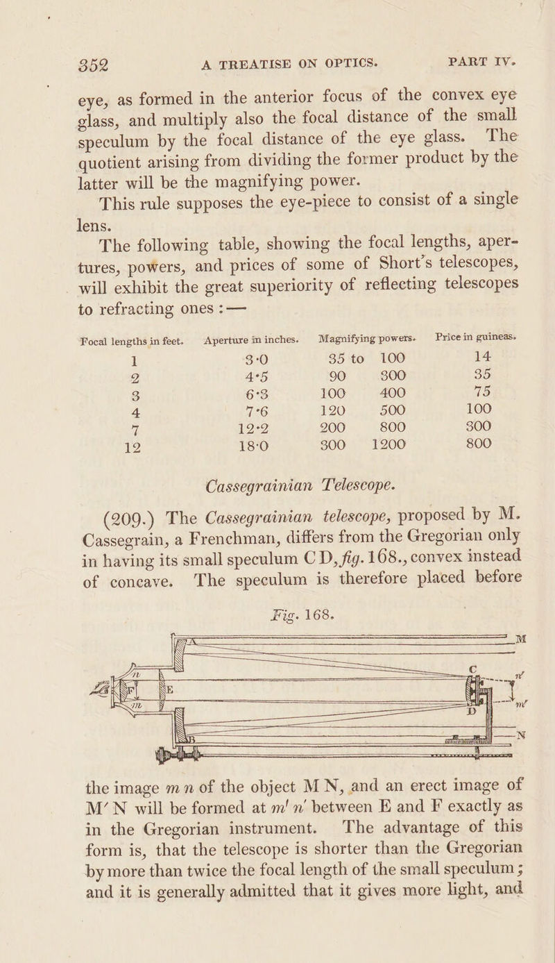 eye, as formed in the anterior focus of the convex eye glass, and multiply also the focal distance of the small speculum by the focal distance of the eye glass. The quotient arising from dividing the former product by the latter will be the magnifying power. This rule supposes the eye-piece to consist of a single lens. The following table, showing the focal lengths, aper- tures, powers, and prices of some of Short’s telescopes, _ will exhibit the great superiority of reflecting telescopes to refracting ones :— Focal lengths in feet. | Aperture m inches. Magnifying powers. Price in guineas. 1 3:0 35 to 100 14 4°5 90 300 35 3 6°3 100 400 (fs) 4 7°6 120 500 100 7 12°2 200 800 300 12 18:0 300 1200 800 Cassegrainian Telescope. (209.) The Cassegrainian telescope, proposed by M. Cassegrain, a Frenchman, differs from the Gregorian only in having its small speculum CD, fig. 168., convex instead of concave. The speculum is therefore placed before the image mn of the object MN, and an erect image of M’N will be formed at m! n’ between E and F exactly as in the Gregorian instrument. The advantage of this form is, that the telescope is shorter than the Gregorian by more than twice the focal length of the small speculum ; and it is generally admitted that it gives more light, and