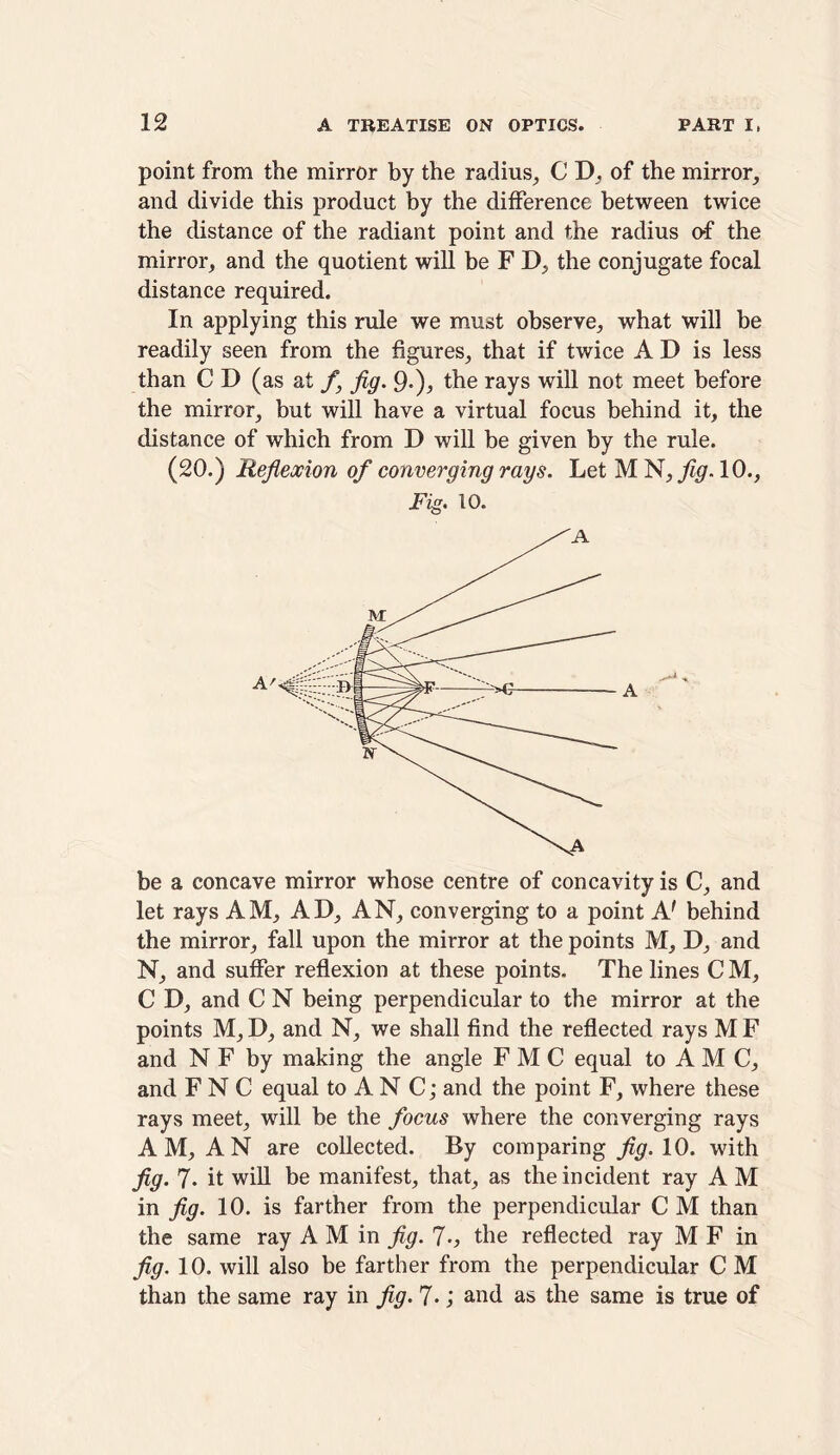 point from the mirror by the radius, C D, of the mirror, and divide this product by the difference between twice the distance of the radiant point and the radius of the mirror, and the quotient will be F D, the conjugate focal distance required. In applying this rule we must observe, what will be readily seen from the figures, that if twice A D is less than C D (as at /, fig. 9«), the rays will not meet before the mirror, but will have a virtual focus behind it, the distance of which from D will be given by the rule. (20.) Reflexion of converging rays. Let M IS, fig. 10., Fig. 10. be a concave mirror whose centre of concavity is C, and let rays AM, AD, AN, converging to a point A' behind the mirror, fall upon the mirror at the points M, D, and N, and suffer reflexion at these points. The lines C M, C D, and C N being perpendicular to the mirror at the points M, D, and N, we shall find the reflected rays M F and N F by making the angle F M C equal to A M C, and F N C equal to A N Cj and the point F, where these rays meet, will be the focus where the converging rays AM, AN are collected. By comparing fig. 10. with fig. 7- it will be manifest, that, as the incident ray A M in fig. 10. is farther from the perpendicular C M than the same ray A M in fig. 7-, the reflected ray M F in fig. 10. will also be farther from the perpendicular C M than the same ray in fig. 7.; and as the same is true of