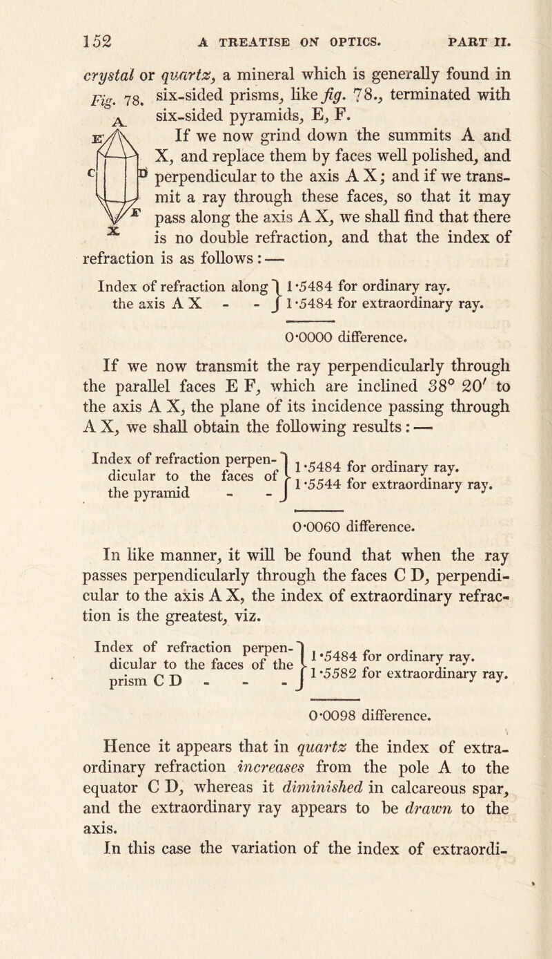 crystal or quartz, a mineral which is generally found in Fi. 78. six-sided prisms, like 7^. 78., terminated with ^ six-sided pyramids, E, F. ev/K. If we now grind down the summits A and X, and replace them by faces well polished, and 0 perpendicular to the axis A X; and if we trans- mit a ray through these faces, so that it may pass along the axis A X, we shall find that there is no double refraction, and that the index of refraction is as follows : — Index of refraction along 1 *5484 for ordinary ray. the axis AX - - J l*5484 for extraordinary ray. OOOOO difference. If we now transmit the ray perpendicularly through the parallel faces E F, which are inclined 38° 20' to the axis A X, the plane of its incidence passing through A X, we shall obtain the following results : — Index of refraction perpen- dicular to the faces of - the pyramid - - 1 *5484 for ordinary ray. 1 *5544 for extraordinary ray. 04)060 difference. In like manner, it will he found that when the ray passes perpendicularly through the faces C D, perpendi- cular to the axis A X, the index of extraordinary refrac- tion is the greatest, viz. Index of refraction perpen-' dicular to the faces of the - prism CD - 1 *5484 for ordinary ray. 1 *5582 for extraordinary ray. 00098 difference. Hence it appears that in quartz the index of extra- ordinary refraction increases from the pole A to the equator C D, whereas it diminished in calcareous spar, and the extraordinary ray appears to be drawn to the axis. In this case the variation of the index of extraordi-