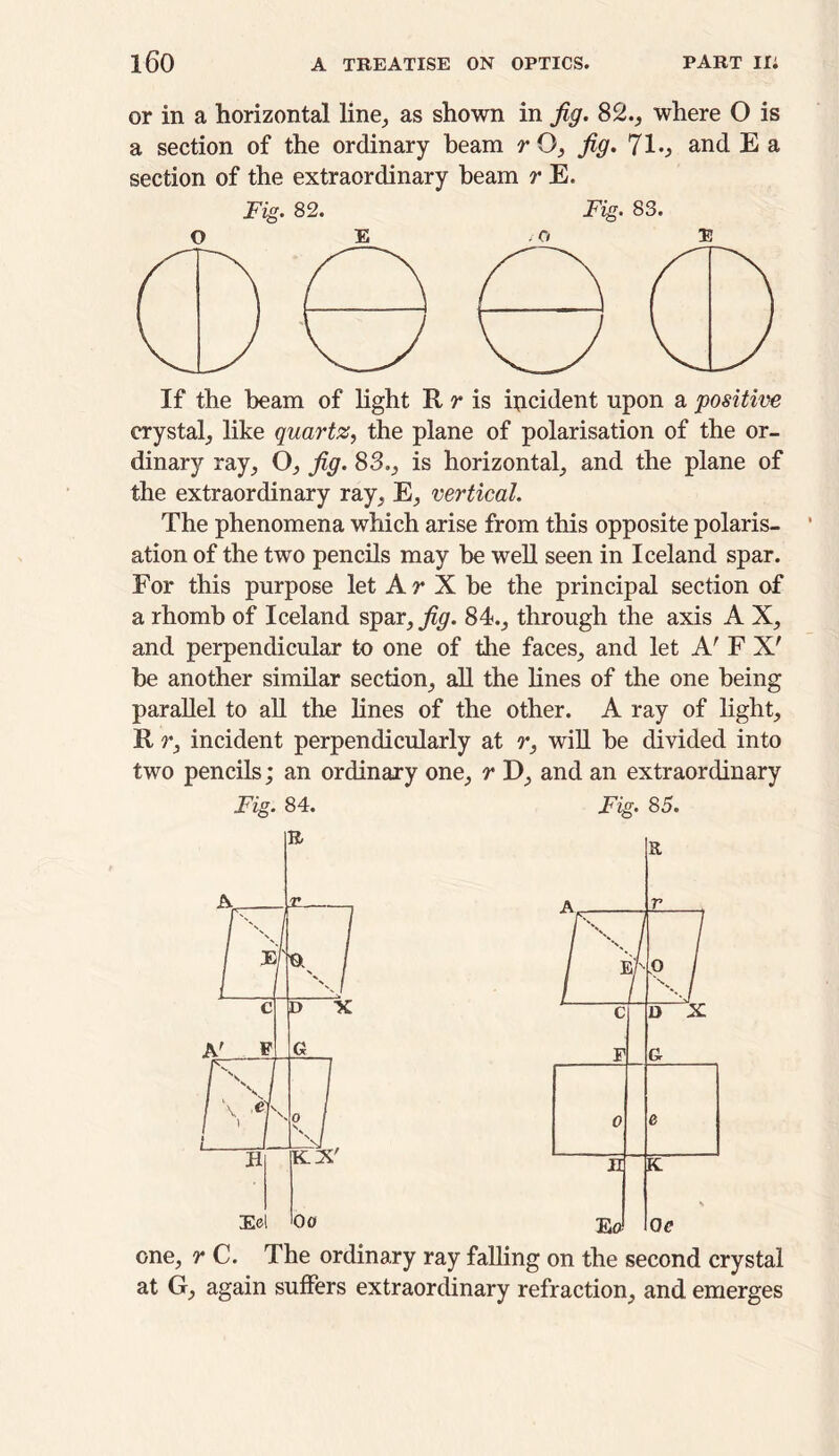 or in a horizontal line, as shown in jig. 82., where O is a section of the ordinary beam r O, Jig. 71 •, and E a section of the extraordinary beam r E. If the beam of light R r is incident upon a positive crystal, like quartz, the plane of polarisation of the or- dinary ray, O, jig. 83., is horizontal, and the plane of the extraordinary ray, E, vertical. The phenomena which arise from this opposite polaris- ation of the two pencils may be well seen in Iceland spar. For this purpose let A r X be the principal section of a rhomb of Iceland spar, jig. 84., through the axis A X, and perpendicular to one of the faces, and let A' F X' be another similar section, all the lines of the one being parallel to all the lines of the other. A ray of light, R r, incident perpendicularly at r, will be divided into two pencils; an ordinary one, r D, and an extraordinary jFig. 84. Fig. 85. one, r C. The ordinary ray falling on the second crystal at G, again suffers extraordinary refraction, and emerges