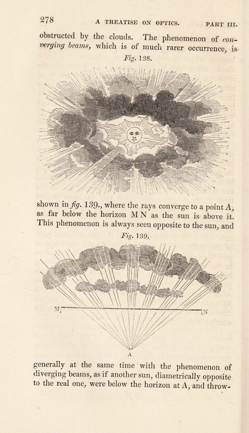 PART III obstructed by the clouds. The phenomenon of con- verging beams, which is of much rarer occurrence, is- Fig. 138. shown in fig. 139v where the rays converge to a point A, as far below the horizon MN as the sun is above it. This phenomenon is always seen opposite to the sun., and Fig. 139. A genei ally at the same time with the phenomenon of diverging beams, as if another sun, diametrically opposite to the real one, were below the horizon at A, and throw-