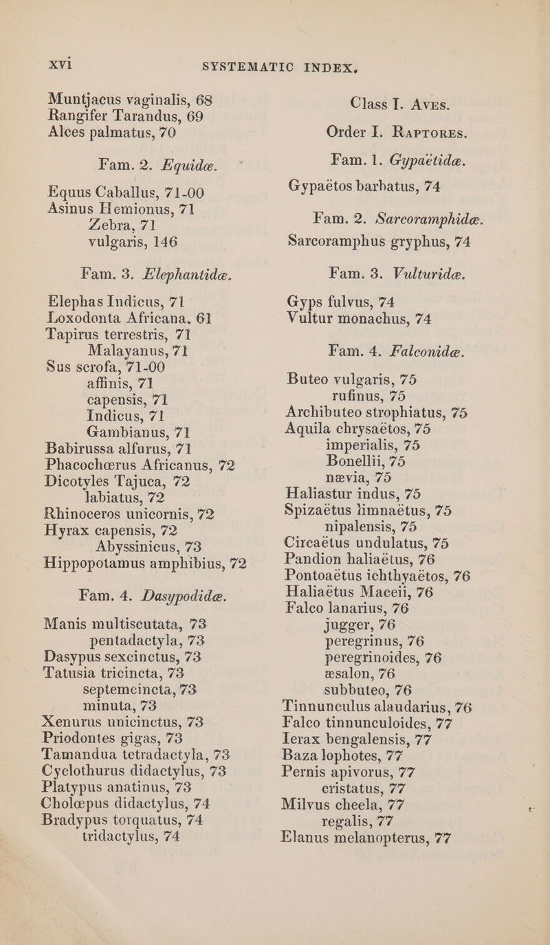 Muntjacus vaginalis, 68 Rangifer Tarandus, 69 Alces palmatus, 70 Fam. 2. EHquide. Equus Caballus, 71-00 Asinus Hemionus, 71 Zebra, 71 vulgaris, 146 Fam. 3. Elephantide. Elephas Indicus, 71 Loxodonta Africana, 61 Tapirus terrestris, 71 Malayanus, 71 Sus scrofa, 71-00 affinis, 71 capensis, 71 Indicus, 71 Gambianus, 71 Babirussa alfurus, 71 Phacocherus Africanus, 72 Dicotyles ‘Tajuca, 72 labiatus, 72 Rhinoceros unicornis, 72 Hyrax capensis, 72 Abyssinicus, 73 Hippopotamus amphibius, 72 Fam. 4. Dasypodide. Manis multiscutata, 73 pentadactyla, 73 Dasypus sexcinctus, 73 Tatusia tricincta, 73 septemcincta, 73 minuta, 73 Xenurus unicinctus, 73 Priodontes gigas, 73 Tamandua tetradactyla, 73 Cyclothurus didactylus, 73 Platypus anatinus, 73 Choleepus didactylus, 74 Bradypus torquatus, 74 tridactylus, 74 Class I. Aves. Order I. Raprorgs. Fam. 1. Gypaetide. Gypaetos barhatus, 74 Fam. 2. Sarcoramphide. Sarcoramphus gryphus, 74 Fam. 3. Vulturide. Gyps fulvus, 74 Vultur monachus, 74 Fam. 4. Falconide. Buteo vulgaris, 75 rufinus, 75 Archibuteo strophiatus, 75 Aquila chrysaétos, 75 imperialis, 75 Bonellii, 75 nevia, 75 Haliastur indus, 75 Spizaétus limnaétus, 75 nipalensis, 75 Circaetus undulatus, 75 Pandion haliaétus, 76 Pontoaetus ichthyaétos, 76 Haliaetus Maceii, 76 Falco lanarius, 76 jugger, 76 peregrinus, 76 peregrinoides, 76 esalon, 76 subbuteo, 76 Tinnunculus alaudarius, 76 Falco tinnunculoides, 77 Ierax bengalensis, 77 Baza lophotes, 77 Pernis apivorus, 77 cristatus, 77 Milvus cheela, 77 regalis, 77 Elanus melanopterus, 77