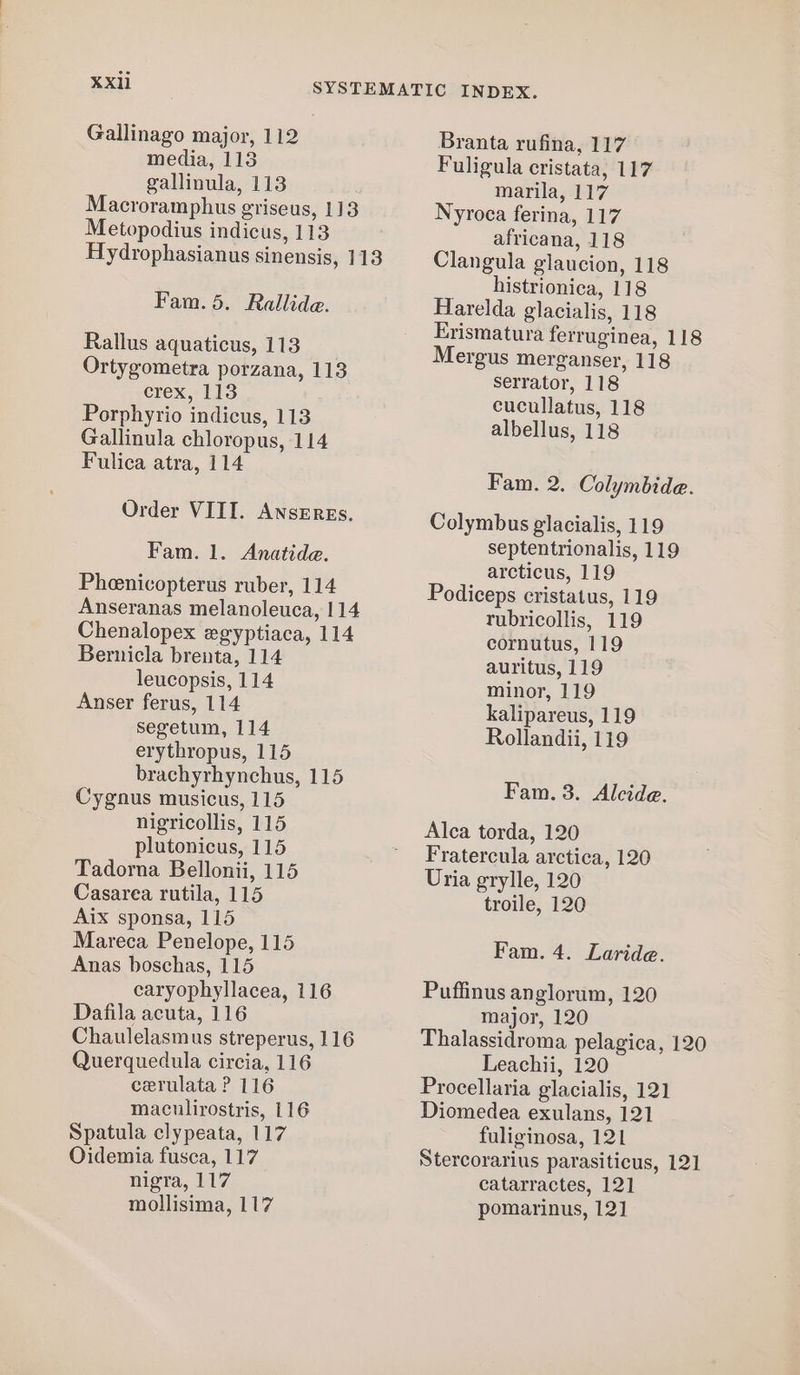 Gallinago major, 112 media, 113 gallinula, 113 Macroramphus griseus, 1]3 Metopodius indicus, 113 Fam. 5. Rallide. Rallus aquaticus, 113 Ortygometra porzana, 113 crex, 113 Porphyrio indicus, 113 Gallinula chloropus, 114 Fulica atra, 114 Order VIII. ANSEREs. Fam. 1. Anatide. Pheenicopterus ruber, 114 Anseranas melanoleuca, 114 Chenalopex xgyptiaca, 114 Bernicla brenta, 114 leucopsis, 114 Anser ferus, 114 segetum, 114 erythropus, 115 brachyrhynchus, 115 Cygnus musicus, 115 nigricollis, 115 plutonicus, 115 Tadorna Bellonii, 115 Casarea rutila, 115 Aix sponsa, 115 Mareca Penelope, 115 Anas boschas, 115 caryophyllacea, 116 Dafila acuta, 116 Chaulelasmus streperus, 116 Querquedula circia, 116 cerulata ? 116 maculirostris, 116 Spatula clypeata, 117 Oidemia fusca, 117 nigra, 117 mollisima, 117 Branta rufina, 117 Fuligula cristata, 117 marila, 117 Nyroca ferina, 117 africana, 118 Clangula glaucion, 118 histrionica, 118 Harelda glacialis, 118 Erismatura ferruginea, 118 Mergus merganser, 118 Serrator, 118 cucullatus, 118 albellus, 118 Fam. 2. Colymbide. Colymbus glacialis, 119 septentrionalis, 119 arcticus, 119 Podiceps cristatus, 119 rubricollis, 119 cornutus, 119 auritus, 119 minor, 119 kalipareus, 119 Rollandii, 119 Fam. 3. Alcide. Alca torda, 120 Fratercula arctica, 120 Uria grylle, 120 troile, 120 Fam. 4. Laride. Puffinus anglorum, 120 major, 120 Thalassidroma pelagica, 120 Leachii, 120 Procellaria glacialis, 121 Diomedea exulans, 121 fuliginosa, 121 Stercorarius parasiticus, 121 catarractes, 12] pomarinus, 121