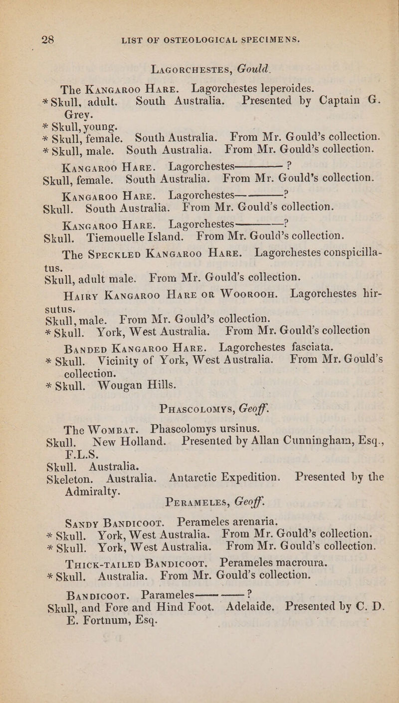 LacorcuHEstEs, Gould. The Kancaroo Hare. Lagorchestes leperoides. *Skull, adult. South Australia. Presented by Captain G. Grey. * Skull, young. * Skull, female. South Australia. From Mr. Gould’s collection. * Skull, male. South Australia. From Mr. Gould’s collection. Kancaroo Hare. Lagorchestes————— ? Skull, female. South Australia. From Mr. Gould’s collection. Kanoaroo Hare. Lagorchestes— ? Skull. South Australia. Pron Mr. Gould’s collection. Kanearoo Hare. Lagorchestes —— Skull. Tiemouelle Island. From Mr. Gould’s collection. The SpeckteD Kancaroo Hare. Lagorchestes conspicilla- tus. Skull, adult male. From Mr. Gould’s collection. Harry Kangaroo Hare or Wooroon. Lagorchestes hir- sutus. Skull, male. From Mr. Gould’s collection. * Skull. York, West Australia. From Mr. Gould’s collection BanpED Kanearoo Hare. Lagorchestes fasciata. * Skull. Vicinity of York, West Australia. From Mr. Gould’s collection. * Skull. Wougan Hills. Puascotomys, Geoff. The Womsat. Phascolomys ursinus. Skull. New Holland. Presented by Allan Cunningham, Esq., F.LS. Skull. Australia. Skeleton. Australia. Antarctic Expedition. Presented by the Admiralty. PERAMELES, Geoff. Sanpy Banpicoor. Perameles arenaria. * Skull. York, West Australia. From Mr. Gould’s collection. * Skull. York, West Australia. From Mr. Gould’s collection. THICK-TAILED BANDIcooT. Perameles macroura. * Skull. Australia. From Mr. Gould’s collection. Banpicoot. Parameles——-——? Skull, and Fore and Hind Foot. Adelaide. Presented by C. D. E. Fortnum, Esq. ; ;