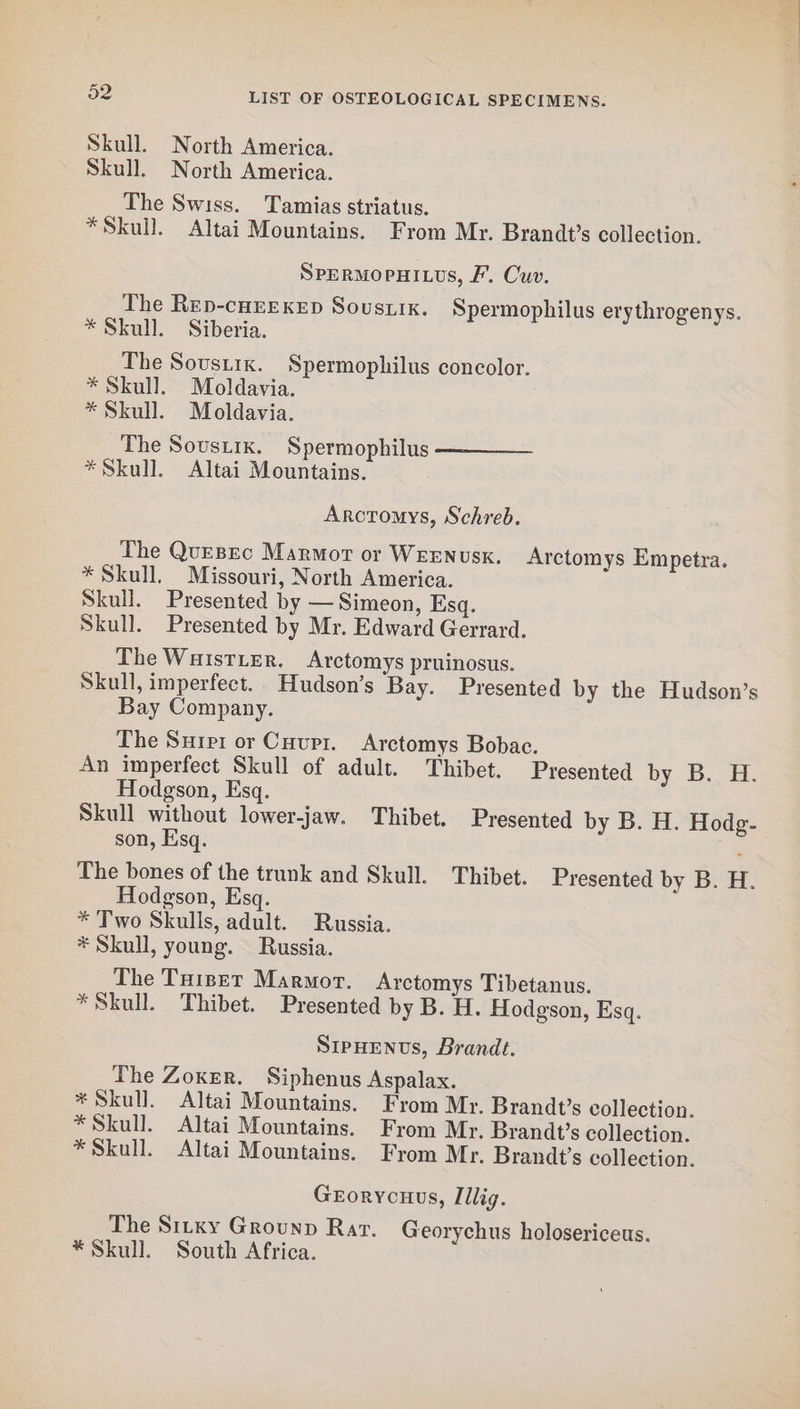 Skull. North America. Skull. North America. The Swiss. Tamias striatus. *Skull. Altai Mountains. From Mr. Brandt’s collection. SPERMOPHILUS, F’. Cuv. The Rep-cHEexep Soustix. Spermophilus erythrogenys. * Skull. Siberia. The Sovusirx. Spermophilus concolor. * Skull. Moldavia. * Skull. Moldavia. The Soustix. Spermophilus * Skull. Altai Mountains. Arctomys, Schreb. The QueBEc Marmot or WEENUSK. Arctomys Empetra. * Skull. Missouri, North America. Skull. Presented by — Simeon, Esq. Skull. Presented by Mr. Edward Gerrard. The WaistLer. Arctomys pruinosus. Skull, imperfect. Hudson’s Bay. Presented by the Hudson’s Bay Company. The Surei or Cuupi. Arctomys Bobac. An imperfect Skull of adult. Thibet. Presented by i ate Hodgson, Esq. Skull without lower-jaw. Thibet. Presented by B. H. Hodg- son, Esq. : The bones of the trunk and Skull. Thibet. Presented by B. H. Hodgson, Esq. * Two Skulls, adult. Russia. * Skull, young. Russia. The Tuiser Marmor. Arctomys Tibetanus. *Skull. Thibet. Presented by B. H. Hodgson, Esq. SipHENvs, Brande. The Zoxer. Siphenus Aspalax. * Skull. Altai Mountains. From Mr. Brandt’s collection. * Skull. Altai Mountains. From Mr. Brandt’s collection. * Skull. Altai Mountains. From Mr. Brandt’s collection. Grorycuus, Illig. The Sirxy Grounp Rar. Georychus holosericeus. * Skull. South Africa.