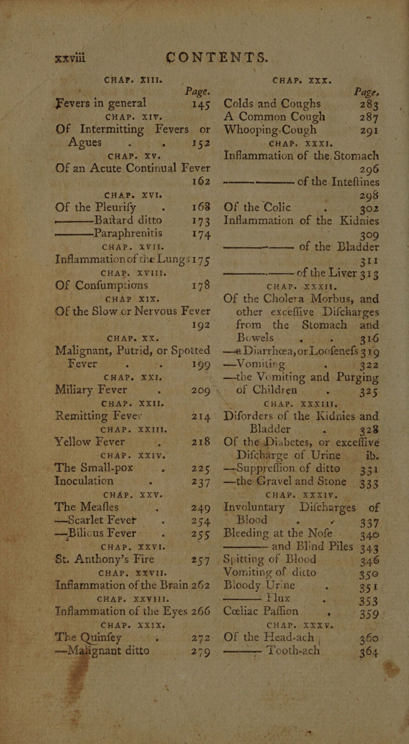   RKVIIL CHAY. XII | jie Page. Fevers in general 145 CHAP. XIY. OF Intermitting Fevers or   Agues wad ie 152 CHAP. XV. Of an Acute Continual Fever 162 CHAP. XVI. Of the Pleurify 168 Baitard ditto 173 Paraphrenitis 174 CHAP. XVII. Inflammation of the Lungs175 Cc HAP. XVIII. Of Confumptions CHAP XIX. 178 192 CHAP. XX. Malignant, Putrid, or Spotted sw ever 199 : CHAP. XXI. ei Miliary Fever 209 ae CHAP. XXII. Remitting Fever 214 CHAP. XXIII. Yellow Fever 218 CHAP. XXIV. The Small-pox : 225, Inoculation . 237 CHAP, XXvV. The Meafles 249 Scarlet Fever 254 ~ = Bilious Fever 255 » CHAP, XXVI. fe ASF CHAP, XXVII. ? CHAP. XXVIII. ‘ Inflammation of the Eyes 266 ee. CHAP. XXIX. ‘The Quinfey ‘ 272 ignant ditto. § 279  as fe a ah “Sipe ’ mie CHAP. XXX. | Page, Colds and Coughs 283 A Common Cough 287 Whooping-Cough 291 CHAP. XXXI. Inflammation of the Stomach 296 of the Inteftines 298 OF the Colic O2 “3 Inflammation of the Kidnies    309 of the Bladder sie 311 of the Liver 313 CHAP. XXXII. Of the Cholera Morbus, and other exceflive Difcharges   from the Stomach and Bowels «+ 316 —e Diarrhea, or Loofenefs 319 —Vomiting 322 —the Vomiting and Purging of Children . 325 CHAP. XXXII. Diforders of the Kidnies and Bladder 328 Of the Diabetes, or exceflive Difcharge of Urine. ib. ——Suppreflion of ditto 331 —the Gravel and Stone | 333 CHAP. XXXIV. Involuntary Difcharges of ~ Blood , ’ 337 Bleeding at the Nofe 340 —and Blind Piles 343   Spitting of Blood 346 Vomiting of ditto 350 Bloody Urine 351 Elax,, : 353 Celiac Pafhon' . . + 359) CHAP. XXXV. Em Of the Head-ach, 360 Tooth-ach_  ge
