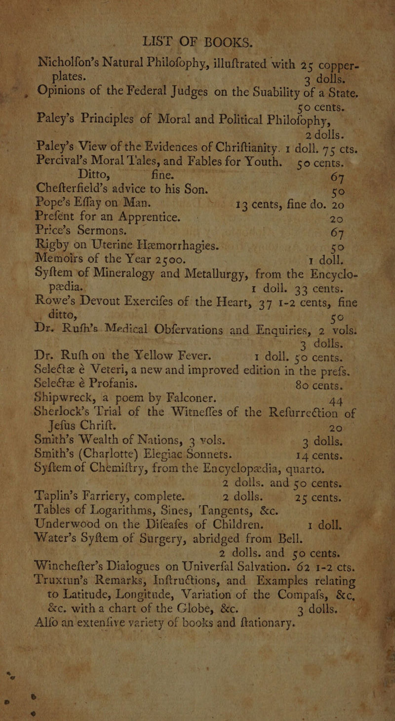  i | LIST OF BOOKS. ; Dy KG i Nicholfor s Natural Philofophy, illuftrated with 25 ‘copper- ie    aay, ) plates. he? dolls. * ai Opinions of the Federal Judges on the Suability of a State, Paley’s Principles of Moral and Political Philofophy, a:dolls7 2 a ‘Paley’s View of the Evidences of Chriftianity. 1 doll. 75 cts. 4 _ Percival’s Moral I ales, and Fables for Youth. 50 cepts.) ene NDittos iw ine.) | O76 a ie Chefterfield’s advice to his Son. ye): Be as Pope’s Effay on Man. i a1 cents, fine do. 20°79) aw Prefent for an Apprentice. 20. «tei Price’s Sermons. | 67 Bihan Rigby on Uterine Hemorrhagies. 3 ee, Memoirs of the Year 2500. 1 doll. Ae Syftem of Mineralogy and Metallurgy, from the Encyclo- e et ). peediage 1 doll. 33 cents. p. Rowe’s Devout Exercifes of the Heart, 37 1-2 cents, fine r _ ditto, 5° Dr. Rush’s. Medical Obfervations and Enquiries, 2 vale dolls. Dr. Rufhon the ‘Sellow Fever. 1 doll, e cents. Seleétz é Veteri, a new and improved edition in the prefs. Sele€tz é Profanis. 80 cents. is Shipwreck, a poem by Falconer. &lt; Sherlock's Trial of the Witneffes of the Reforreétion of eget Jefus Chrift. aii 742) Sts - Smith’s Wealth of Nations, 3 vols. + 3) GODS Se eae - Smith’s (Charlotte) Elegiac Sonnets. TA Cents... Syftem of Chemiftry, from the Encyclopedia, quarto, 2 dolls. and go cents. Taplin’s Farriery, complete. 2, dolls. 25 cents. ” Tables of Logarithms, Sines, ‘Tangents, &amp;c. o_o Underwood on the Difeafes of Children. = = 1 doll Water’s Syftem of Surgery, abridged from Bell. ee 2 dolls. and so cents. Winchefter’s Dialogues on Univerfal Salvation. 62 1-2 cts. — Truxtun’s Remarks, Inftructions, and Examples relating — to Latitude, Longitude, Variation of the Compafs, &amp;e, &amp;c. with a chart of the Globe, &amp;c. 3 dolls. Alfo an extenfive variety of books and ftationary.”  