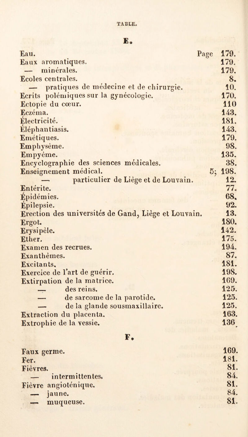 £• Eau. Page 179. Eaux aromatiques. 179. — minérales. 179. Ecoles centrales. 8. — pratiques de médecine et de chirurgie, 10. Ecrits polémiques sur la gynécologie. 170. Ectopie du coeur. 110 Eczéma. 143. Électricité. 181. Éléphantiasis. 143. Emétiques. 179. Emphysème. 98. Empyéme. 135. Encyclographie des sciences médicales. 38. Enseignement médical. 5; 198. — particulier de Liège et de Louvain. 12. Entérite. 77. Épidémies. 68, Épilepsie. 92. Erection des universités de Gand, Liège et Louvain. 13. Ergot. 180. Erysipèle. l42. Ether. 175. Examen des recrues, 194. Exanthèmes. 87. Excitants. 181. Exercice de l’art de guérir. 198. Extirpation de la matrice. 169. —- des reins. 125. — de sarcome de la parotide. 125. — de la glande sousmaxillaire. 125. Extraction du placenta. 163. Extrophie de la vessie. 136^ F* Faux germe. 169. Fer. 181. Fièvres. 81. — intermittentes. 84. Fièvre angioténique. 81. — jaune. 84. —- muqueuse. 81.