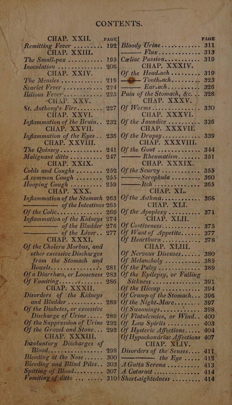 po“ (CHAP. XXII. _ PAGE Remitting Peper’. &lt;'s ox cle 'o\, LOZ : CHAP. XXIII. - The Small-pox ..... Bate teers 195 5 WU TRRALGEEOTU a5. winieinie en's 5» 206 | fhe &lt;CHAP. XXTY. Ute Medsles i. ee ce oss 219 Scarlet Fever, ...00+ 0% +.. 224 PaeI0US ECVE wae os os wp 0 eo 225 .. CHAP. XXV. St. Anthony's Fire........ 227, ge CHAP, -kuax VI. Inflammation of the Brain. . 232 ney. CHAP. XXVII. a Inflammation of the Eyes .. 236 wesiir. SHAR. XXVIII. The Quinsey.........00+ 241 Malignant ditto IS Bis Se 247 CHAP. XXIX. BG sand Coughs ......6 252 A common Cough ...... a6, BHD HH ies COU 6 ash Go ae 259 CHAP. XXX, nation of the Stomach 263 aera of the Intestines 265 269 | 274A r 276 27% ‘a2 @@ @®@eceseoeoseeoees 6 if the Seah or excessive Discharge of Urine Mf the Suppression of Urine ¢ the Gravel and Stone.. Bre _ CHAP. XXXUL ee ee o@ 303 e us on - 307 Leveees PAGE Bloody Urine... .'+..000. 311 a PUB Nese &lt;a oe See Celiac Passion...«..++... 319 CHAP, XXXIV. Of the Head-ach...-..... 319 —#3— Tooth-ach........ . 323 Ear-ach..... oot ete O20 Pain of the Stomach, &amp;c. .. 328 ,~ CHAP. XXXV. OF WV ors hs asic sae ee 330 CHAP. XXXVE, oe Of the Jaundice .......4. 336 CHAP. XXXVIL Of the Dropsy.....+0+. 44. 339 CHAP. XXXVIII. , OF the Gout 60% sae ee . 344 Rheumatism....... 351 CHAP. XXXIX, : Ofthe Scurvy seo oy ee 355 -Scrophula ...+.+... 360 AS I CP sud egy oO CHAP. XL. Ofthe Asthma. .... 1.20... 368 CHAP. XLII. Of the Apoplexy ....... apy e | ~ CHAP. XLIT. - Of Costiveness.... 006.400 375 Of Want of Appetite. Ce Foe ae OF Hedrbutin sy oS ies 378 ~~ CHAP. XLII. Of Nervous Diseases...... 380 Of: Metaneholy elo.’ vabecsds 385. OF SA TMs fa sc wiley ates 389 Of the Epilepsy, or Falling ICRNESS 6s a0 ciesersieee. OOF Of the Hiccup ...020....1. 394 Of Cramp of the Stomach... 396 Of the Night-Mare........ 397 OL Swoontni gs .&lt; she a= a tnan ts 398. Of Flatulencies, or Wind.. 400° 2 OR Low Spirits las 2) ek 403 Of Hysteric Affections..... 404 Of Hypochondrtht Affvetians 407 CHAP. XLIV. rae Disorders of the Senses.... 411 the Bye .. Pi ee AQ api A Gitte Séfend i.5202 6. BIE A Gotan ul occ eake wise 4160 Cou fete ae. am