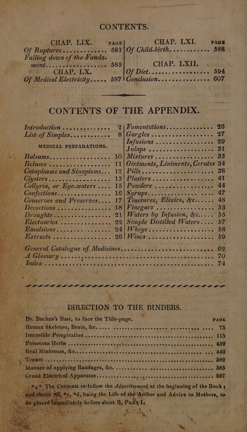 ‘CHAP. LIX. “PAGE CHAP. LXi. PAGE Of Ruptures...ss0+ece0-. 581) OF Child teat ea’ hate olwlatels OG Falling down of the Funda foes SO GONE oS OPRWE DON. CN BBS CHAP. LXII. « | a a8... CHAP. LX. Of Diet. cose. +&gt; 1 onulaneer 594 of. oe saapheeie ween 587! Conclusion. ..+se0+eee++++ 607 CONTENTS OF THE APPENDIX. ae ec eo 21 Fomentations.......ssecee+ 26 Wistepap Staples. &lt;i scscs+ sos 81 Gargles ii vcccideccevsvess 2 Tnfiisions’ UC Paes as eee RULE ‘Sis SON Ve aca ee een | Balsams....0..5 6. see e eee LOT OT tures... sscee nes eae tae USES wecesveeseceeeecee 11| Ointments, Liniments, Cerates 34 aplasms and Sinapisins... 12) PUIG; ac sss s Rey niet Oe OUYSICRS odes c ceca cence s 13 | PUAGETS ooo ss ccc een since, AE Collyria, or Eye-waters .... 15| Powders ....20...+000ee05 44 PE GUCCHONS Gy c wixvie esc e AO|SUPUPS eee day eta woes Seen * Conserves and Preserves.... 17| Tinctures, Elixirs, &amp;c...... 48 pe Pecortiung aes ob0 0 ~ cde | UMCL OTS. ca ee odes ac ea Oe raughts.......-.......+. 21| Waters by Infusion, &amp;c.....° 55 MECLUATIES ...ececeeeecece 22| Simple Distilted Waters .... 57 Masiiecdns os Ra Wheys tries. See PACES 00+ ses cese eee en 26 Wines +++ 0e3seesececeens 59 MEDICAL PREPARATIONS. De aR i dae a 74 wd : if | ee eit hee \ » DIRECTION. TO. THE BINDERS. PAGE hae eS of Pee s Herbs Sik SOREN: patna 439 fe El sitios spr nvrecirgrrerveree 58