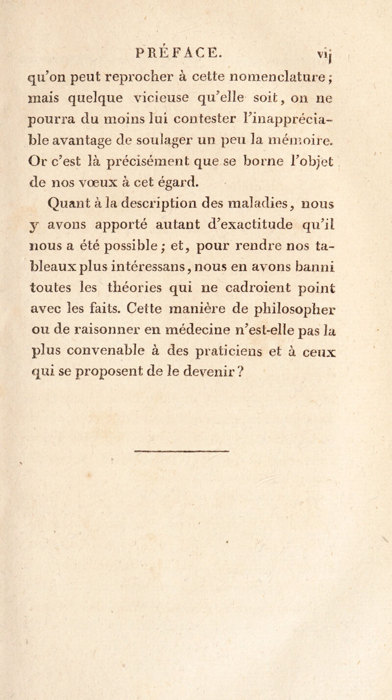 PREFACE. vij qu’on peut reprocher à cette nomenclature ; mais quelque vicieuse qu’elle soit, on ne pourra du moins lui contester Finapprécia- ble avantage de soulager un peu la mémoire. Or c’est là précisément que se borne l’objet de nos vœux à cet égard. Quant à la description des maladies, nous y avons apporté autant d’exactitude qu’il nous a été possible; et, pour rendre nos ta- bleaux plus intéressans, nous en avons banni toutes les théories qui ne cadroient point avec les faits. Cette manière de philosopher ou de raisonner en médecine n’est-elîe pas la plus convenable à des praticiens et à ceux qui se proposent de le devenir ?