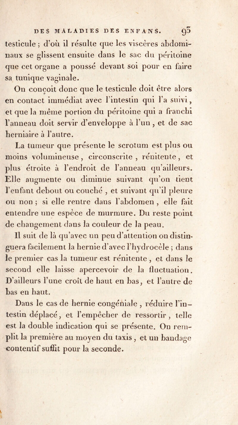 testicule ; d’où il résulte que les viscères abdomi- naux se glissent ensuite dans le sac du péritoine que cet organe a poussé devant soi pour en faire sa tunique vaginale. On conçoit donc que le testicule doit être alors en contact immédiat avec l’intestin qui l’a suivi, et que la même portion du péritoine qui a franchi Vanneau doit servir d’enveloppe à l’un , et de sac herniaire à l’autre. La tumeur que présente le scrotum est plus ou moins volumineuse , circonscrite , rénitente, et plus étroite à l’endroit de Vanneau qu’ailleurs. Elle augmente ou diminue suivant qu’on tient l’enfant debout ou coucbé , et suivant qu’il pleure ou non ; si elle rentre dans l’abdomen , elle fait entendre une espèce de murmure. Du reste point de changement dans la couleur de la peau. Il suit de là qu’avec un peu d’attention on distin- guera facilement la hernie d’avec l’hydrocèle ; dans le premier cas la tumeur est rénitente , et dans le second elle laisse apercevoir de la fluctuation. D’ailleurs Fune croît de haut en bas, et l’autre de bas en haut. Dans le cas de hernie congéniale , réduire l’in- testin déplacé, et l’empêcher de ressortir, telle est la double indication qui se présente. On rem- plit la première au moyen du taxis , et un bandage contentif suffit pour la seconde.