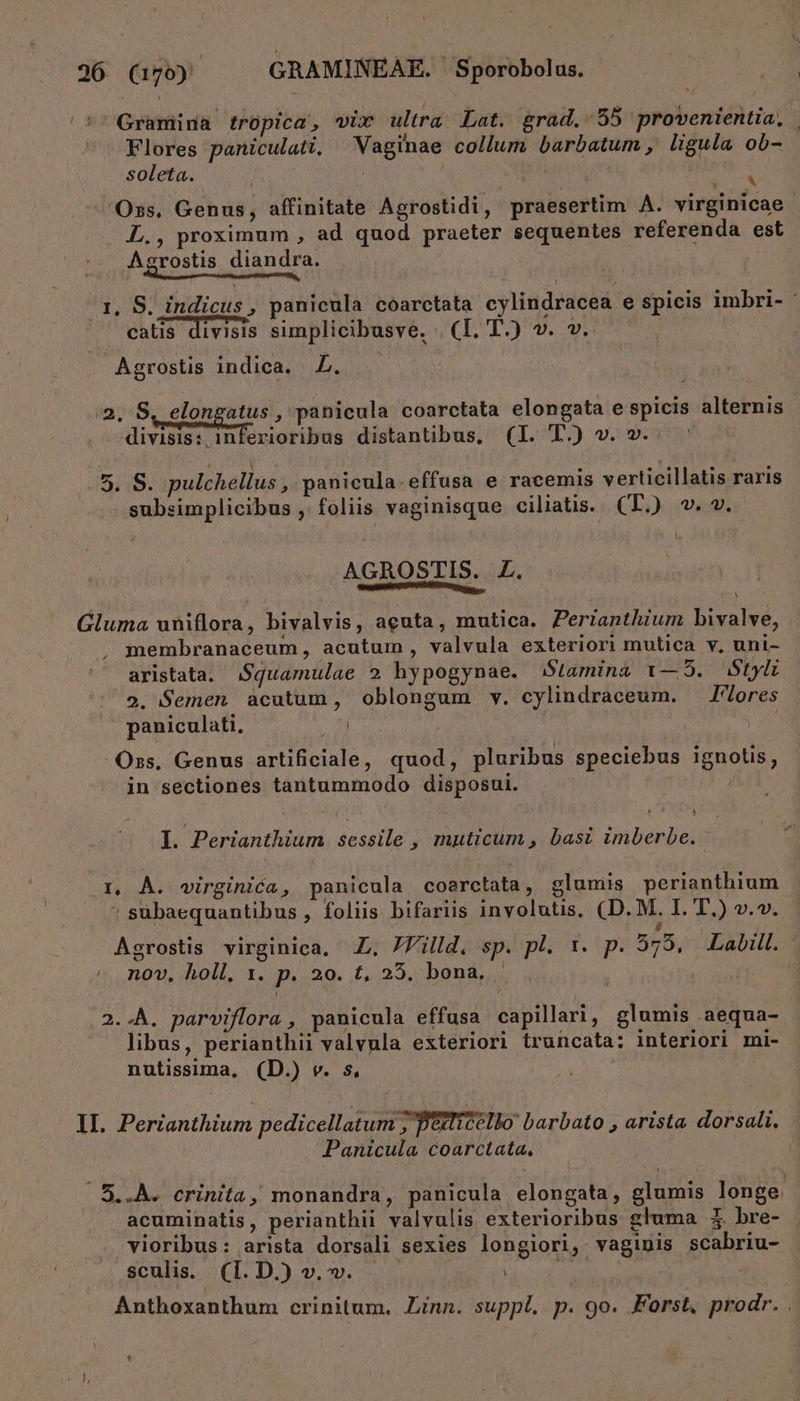 Gramiina tropica, vix ultra Lat. grad. 55 provenientia, Flores paniculati, Vaginae collum barbatum , ligula ob- soleta. | , : 'Oss, Genus, affinitate Agrostidi, praesertim A. virginicae . L., proximum , ad quod praeter sequentes referenda est Agrostis diandra. T3249. indicus, panicula coarctata cylindracea e spicis imbri- catis divisis simplicibusve, . (I. T.) v. v. Agrostis indica. Z. :2. S, elongatus , panicula coarctata elongata e spicis alternis divisis: inferioribus distantibus, (I. T.) v. v». . ^ 5. S. pulchellus , panicula.effusa e racemis verticillatis raris subsimplicibus , foliis vaginisque ciliatis. (T.) v. v. AGROSTIS. Z. Locum Gluma uniflora, bivalvis, aeuta, mutica. Perianthium bivalve, membranaceum, acutum, valvula exteriori mutica v, uni- aristata. $quamulae 2 hypogynae. Siamina 1—5. Styli /9. Semen acutum , oblongum v. cylindraceum. — ores paniculati, EM | Oss, Genus artificiale, quod, pluribus speciebus ignotis, in sectiones tantummodo disposui. / T A I. Perianthium sessile , muticum, basi imberbe. i, À. virginióa, panicula coarctata, glumis perianthium | sübaequantibus , foliis bifariis involutus, (D. M. I. T.) v.v. e. . . [ r] REY « . Agrostis virginica, L. JVilld. sp. pl. 1. p. 575. Labill. - nov, holl, 1. p. 20. t, 25. bona, | rad 2..À. parviflora , panicula effusa capillari, glumis .aequa- libus, perianthii valvnla exteriori truncata: interiori mi- nutissima, (D.) v. s. IL. Perianthium pedicellatum ; BPüticello barbato , arista dorsali, Panicula coarctata, 5..À. crinita, monandra, panicula elongata, glumis longe acuminatis, perianthii valvulis exterioribus gluma XI. bre- vioribus: arista dorsali sexies longiori, vaginis scabriu- sculis. (I.D.) v.v. |. . Anthoxanthum crinitum. Linn. suppl. p. 9o. Forst. prodr. ,