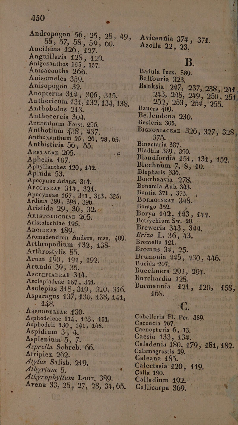 Anis 56, 25, 28, 49, 55, 57, 58, 59, 600. Aneilema 126, 127, Anisomeles 359, Anisopogon .32. Anopterus 314, 206, 315. Anthericum 131, 132, 134, 138. Anthobo!us 213. Anthocercis 304. Antirrhinum .Forst,. 296. Anthotium 438 , 437. Anthoxanthum 25, 26, 28,605. Anthistiria 56, 55. ApETALAE 205. (B Aphelia. 107. Aphyllanthes 190, 149. Apluda 53, Apocynae Adans, 311. APocvwEAE 314, 324. Apocyneae 167, 211, 313, 325, Ardisia 3890, 305, 396. Aristida 29, 30, 32.« AisTRLOCHQAR 205. Aristolochiae 106, AnorpEgAx 4189. Aromadendron Anders, mss. 409. Arthropodium 4132, 438. Arthrostylis 85. Arum 100, 491, 192. Arundo 39, 394 t9d ne Nvoreerkbg (b 314. Asclepiadeae 167, 391. Asclepias 318, 319, 320, 316. peres 137, 130, 138, 141, 148. Asphodeleae 114, 128 , 151. Asphodeli 130, Fix 148. Aspidium 3, Asplenium 5, p Asprella Schreb. 66. Atriplex 262. 4tylus Salisb, 219, dthyrium | 5, : Athyrophyllum Lour, 389. Avena 33, 25, 27, 28, 31,65. A vicenitia 374, 374. Azolla 22, 23. B. Badula Tuss. 389. Balfouria 323. Banksia. 247, 237, 238, 2M. 2/3, 218, 249, 250, 251 252, 253 ; DT -255. Bauera 400. Beilendena 230, Besleria 305, BicNoxiACEAE 326, 327, 328, 375. Binectaria 387. Bladhia 350, 390. Blandfordia 151, ax 159. Blechnum 7,18; Blepharis 336. Boerhaavia 278, Bontia 371, 372. | Bonaciwgax 348. Borago 359. Botrychium Sw. 20. Breweria 343 , 344, Briza L. 36, 43, Bromelia 121. Bromus 34, 25. Brunonia 445, 430 , 446. Bucida-207, : Buechnera 293, 201. Burchardia 128. Burmannia 121 ios 458, 168. .- Eo Cabelleria Fl. Per. 380. Cacoucia 207. Caenopteris 6,. 13. Caesia 133, 194. Caladenia 180, 479, 181, 182. Calamagrostis 90. Caleana 485. . : Calectasia 120, 119. Calla 190. Callicarpa 369. S