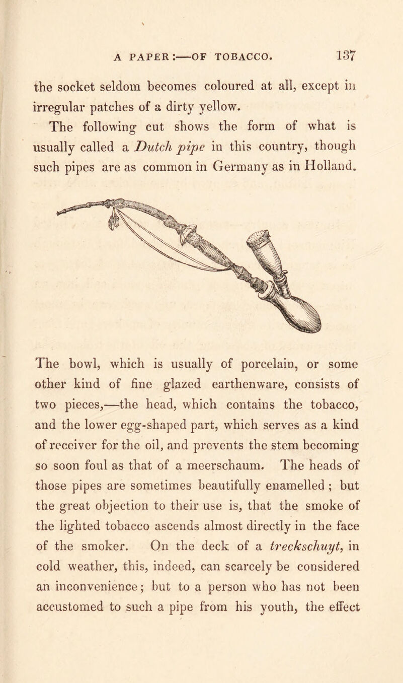 the socket seldom becomes coloured at all, except in irregular patches of a dirty yellow. The following cut shows the form of what is usually called a Dutch pipe in this country, though such pipes are as common in Germany as in Holland. The bowl, which is usually of porcelain, or some other kind of fine glazed earthenware, consists of two pieces,—the head, which contains the tobacco, and the lower egg-shaped part, which serves as a kind of receiver for the oil, and prevents the stem becoming so soon foul as that of a meerschaum. The heads of those pipes are sometimes beautifully enamelled ; but the great objection to their use is, that the smoke of the lighted tobacco ascends almost directly in the face of the smoker. On the deck of a treckschuyt, in cold weather, this, indeed, can scarcely be considered an inconvenience; but to a person who has not been accustomed to such a pipe from his youth, the effect