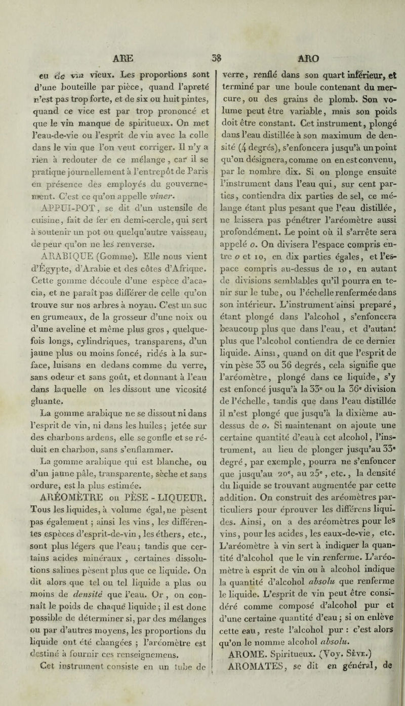 eu de vieux. Les proportions sont d’une bouteille par pièce, quand l’apreté n’est pas trop forte, et de six ou huit pintes, quand ce vice est par trop prononcé et que le vin manque de spiritueux. On met l’eau-de-vie ou l’esprit de vin avec la colle dans le vin que l’on veut corriger. Il n’y a rien à redouter de ce mélange, car il se pratique journellement à l’entrepôt de Paris en présence des employés du gouverne- ment. C’est ce qu’on appelle viner. APPUI-POT, se dit d’un ustensile de cuisine, fait de fer en demi-ceixle, qui sert à soutenir un pot ou quelqu’autre vaisseau, de peur qu’on ne les renverse. APiÀBIQUE (Gomme). Elle nous vient d’Égypte, d’Arabie et des côtes d’Afrique. Cette gomme découle d’une espèce d’aca- cia, et ne paraît pas différer de celle qu’on trouve sur nos arbres à noyau. C’est un suc en grumeaux, de la grosseur d’une noix ou d’une aveline et même plus gros , quelque- fois longs, cylindriques, transparens, d’un jaune plus ou moins foncé, ridés à la sur- face, luisans en dedans comme du verre, sans odeur et sans goût, et donnant à l’eau dans laquelle on les dissout une vicosité gluante. La gomme arabique ne se dissout ni dans l’esprit de vin, ni dans les huiles; jetée sur des charbons ardens, elle se gonfle et se ré- duit en charbon, sans s’enflammer. La gomme arabique qui est blanche, ou d’un jaune pâle, transparente, sèche et sans ordure, est la plus estimée. ARÉOMÈTRE ou PÈSE - LIQUEUR. Tous les liquides, à volume égal, ne pèsent pas également ; ainsi les vins, les différen- tes espèces d’esprit-de-vin, les éthers, etc., sont plus légers que l’eau ; tandis que cer- tains acides minéraux , certaines dissolu- tions salines pèsent plus que ce liquide. On dit alors que tel ou tel liquide a plus ou moins de densité que l’eau. Or , on con- naît le poids de chaque liquide ; il est donc possible de déterminer si, par des mélanges ou par d’autres moyens, les proportions du liquide ont été changées ; l’aréomètre est destiné à fournir ces renseignemens. Cet instrument consiste en un tube de [ verre, renflé dans son quart inférieur, et terminé par une boule contenant du mer- cure, ou des grains de plomb. Son vo- lume peut être variable, mais son poids doit être constant. Cet instrument, plongé dans l’eau distillée à son maximum de den- sité (4 degrés), s’enfoncera jusqu’à un point qu’on désignera, comme on en est convenu, par le nombre dix. Si on plonge ensuite l’instrument dans l’eau qui, sur cent par- ties , contiendra dix parties de sel, ce mé- lange étant plus pesant que l’eau distillée, ne laissera pas pénétrer l’aréomètre aussi profondément. Le point où il s’arrête sera appelé o. On divisera l’espace compris en- tre o et io, en dix parties égales, et l’es- pace compris au-dessus de io, en autant de divisions semblables qu’il pourra en te- nir sur le tube, ou l’échelle renfermée dans son intérieur. L’instrument ainsi préparé, étant plongé dans l’alcohol , s’enfoncera beaucoup plus que dans l’eau, et d’autant plus que l’alcohol contiendra de ce dernier liquide. Ainsi, quand on dit que l’esprit de vin pèse 33 ou 36 degrés, cela signifie que l’aréomètre, plongé dans ce liquide, s’y est enfoncé jusqu’à la 33” ou la 36“ division de l’échelle, tandis que dans l’eau distillée il n’est plongé que jusqu’à la dixième au- dessus de o. Si maintenant on ajoute une certaine quantité d’eau à cet alcohol, l’ins- trument, au lieu de plonger jusqu’au 33“ degré, par exemple, pourra ne s’enfoncer que jusqu’au 20“, au 25“, etc., la densité du liquide se trouvant augmentée par cette addition. On construit des aréomètres par- ticuliers pour éprouver les différons liqui- des. Ainsi, on a des aréomètres pour les vins, pour les acides, les eaux-de-vie, etc. L’aréomètre à vin sert à indiquer la quan- tité d’alcohol que le vin renferme. L’aréo- mètre à esprit de vin ou à alcohol indique la quantité d’alcohol absolu que renferme le liquide. L’esprit de vin peut être consi- déré comme composé d’alcohol pur et d’une certaine quantité d’eau ; si on enlève cette eau, reste l’alcohol pur : c’est alors qu’on le nomme alcohol absolu. AROME. Spiritueux. (Voy. Sève.) AROMATES, se dit en général, de