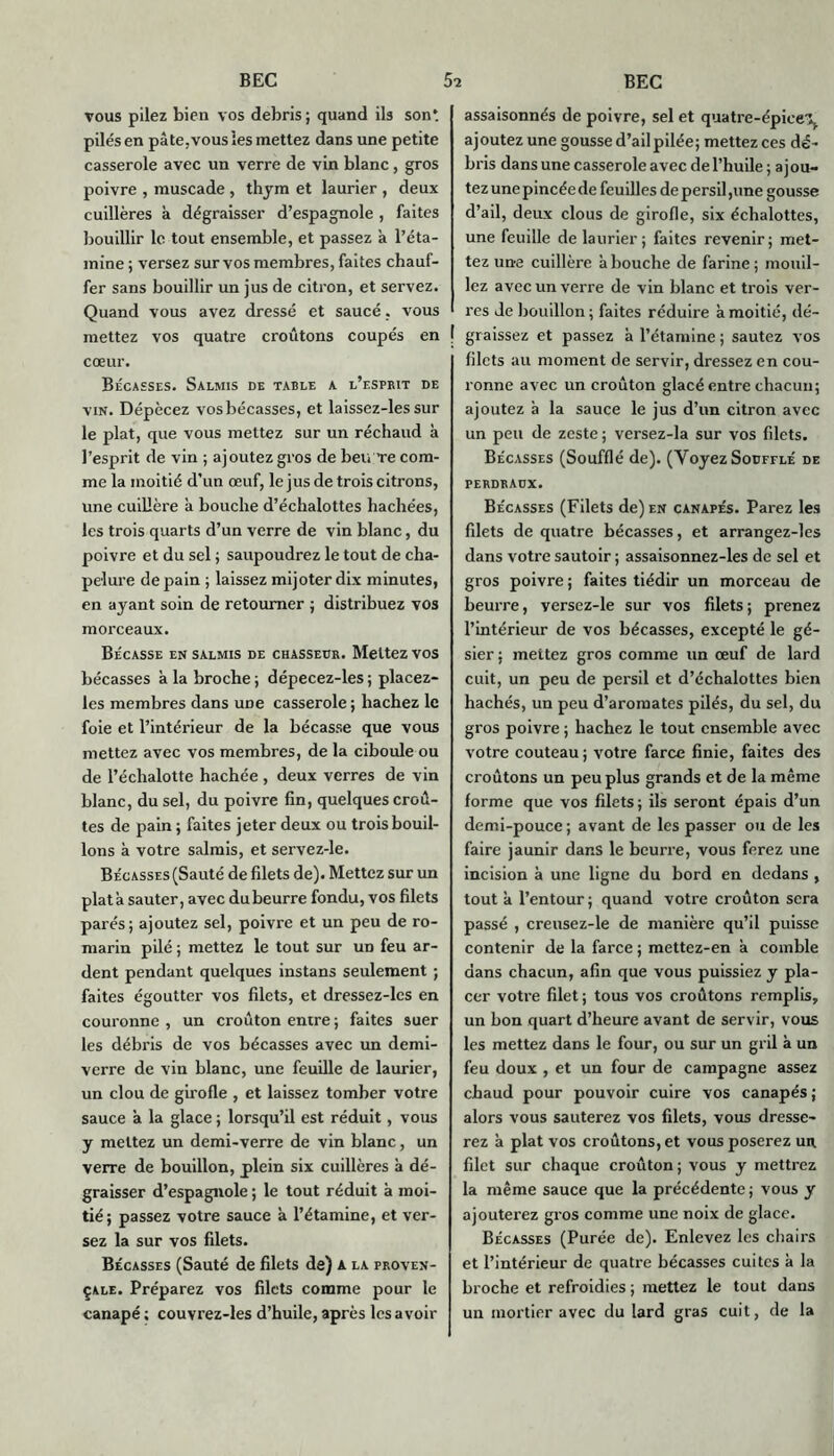 vous pilez bien vos débris; quand ils son*, pilés en pâte.vous les mettez dans une petite casserole avec un verre de vin blanc, gros poivre , muscade , thym et laurier , deux cuillères à dégraisser d’espagnole , faites bouillir le tout ensemble, et passez à l’éta- mine ; versez sur vos membres, faites chauf- fer sans bouillir un jus de citron, et servez. Quand vous avez dressé et saucé. vous mettez vos quatre croûtons coupés en cœur. Bécasses. Salmis de table a l’esprit de vin. Dépecez vos bécasses, et laissez-les sur le plat, que vous mettez sur un réchaud à l’esprit de vin ; ajoutez gros de heu Te com- me la moitié d’un œuf, le jus de trois citrons, une cuillère à bouche d’échalottes hachées, les trois quarts d’un verre de vin blanc, du poivre et du sel ; saupoudrez le tout de cha- pelure de pain ; laissez mijoter dix minutes, en ayant soin de retourner ; distribuez vos morceaux. Bécasse en salmis de chassedr. Mettez vos bécasses à la broche ; dépecez-les ; placez- les membres dans UDe casserole ; hachez le foie et l’intérieur de la bécasse que vous mettez avec vos membres, de la ciboule ou de l’échalotte hachée , deux verres de vin blanc, du sel, du poivre fin, quelques croû- tes de pain ; faites jeter deux ou trois bouil- lons à votre salmis, et servez-le. Bécasses (Sauté de filets de). Mettez sur un platà sauter, avec dubeurre fondu, vos filets parés; ajoutez sel, poivre et un peu de ro- marin pilé ; mettez le tout sur un feu ar- dent pendant quelques instans seulement ; faites égoutter vos filets, et dressez-les en couronne , un croûton entre ; faites suer les débris de vos bécasses avec un demi- verre de vin blanc, une feuille de laurier, un clou de girofle , et laissez tomber votre sauce à la glace ; lorsqu’il est réduit, vous y mettez un demi-verre de vin blanc, un verre de bouillon, plein six cuillères à dé- graisser d’espagnole ; le tout réduit à moi- tié; passez votre sauce à l’étamine, et ver- sez la sur vos filets. Bécasses (Sauté de filets de) a la proven- çale. Préparez vos filets comme pour le canapé ; couvrez-les d’huile, après les avoir assaisonnés de poivre, sel et quatre-épiceT, ajoutez une gousse d’ail pilée; mettez ces dé- bris dans une casserole avec de l’huile ; a j ou- tez une pincée de feuilles de persil,une gousse d’ail, deux clous de girofle, six échalottes, une feuille de laurier; faites revenir; met- tez un*e cuillère à bouche de farine ; mouil- lez avec un verre de vin blanc et trois ver- res de bouillon ; faites réduire à moitié, dé- ( graissez et passez â l’étamine ; sautez vos filets au moment de servir, dressez en cou- ronne avec un croûton glacé entre chacun; ajoutez à la sauce le jus d’un citron avec un peu de zeste ; versez-la sur vos filets. Bécasses (Soufflé de). (Voyez Sodfflé de perdradx. Bécasses (Filets de) en canapés. Parez les filets de quatre bécasses, et arrangez-les dans votre sautoir ; assaisonnez-les de sel et gros poivre ; faites tiédir un morceau de beurre, versez-le sur vos filets ; prenez l’intérieur de vos bécasses, excepté le gé- sier ; mettez gros comme un œuf de lard cuit, un peu de persil et d’échalottes bien hachés, un peu d’aromates pilés, du sel, du gros poivre ; hachez le tout ensemble avec votre couteau; votre farce finie, faites des croûtons un peu plus grands et de la même forme que vos filets; ils seront épais d’un demi-pouce; avant de les passer ou de les faire jaunir dans le beurre, vous ferez une incision à une ligne du bord en dedans , tout à l’entour; quand votre croûton sera passé , creusez-le de manière qu’il puisse contenir de la farce ; mettez-en à comble dans chacun, afin que vous puissiez y pla- cer votre filet ; tous vos croûtons remplis, un bon quart d’heure avant de servir, vous les mettez dans le four, ou sur un gril à un feu doux , et un four de campagne assez chaud pour pouvoir cuire vos canapés ; alors vous sauterez vos filets, vous dresse- rez à plat vos croûtons, et vous poserez un. filet sur chaque croûton; vous y mettrez la même sauce que la précédente; vous y ajouterez gros comme une noix de glace. Bécasses (Purée de). Enlevez les chairs et l’intérieur de quatre bécasses cuites à la broche et refroidies ; mettez le tout dans un mortier avec du lard gras cuit, de la