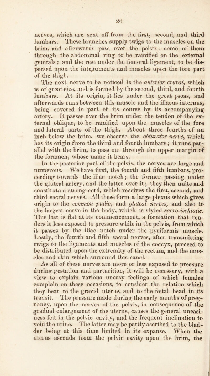 20 nerves, wbicli are sent oflf from the first, second, and third lumbars. These branches supply twigs to the muscles on the brim, and afterwards pass over the pelvis; some of them through the abdominal ring to be ramified on the external genitals; and the rest under the femoral ligament, to be dis- persed upon the integuments and muscles upon the fore part of the thigh. The next nerve to be noticed is the anterior crural^ which is of great size, and is formed by the second, third, and fourth lumbars. At its origin, it lies under the great psoas, and afterwards runs between this muscle and the iliacus internus, being covered in part of its course by its accompanying artery. It passes over the brim under the tendon of the ex- ternal oblique, to be ramified upon the muscles of the fore and lateral parts of the thigh. About three fourths of an inch below the brim, we observe the obturator nerve^ which has its origin from the third and fourth lumbars; it runs par- allel with the brim, to pass out through the upper margin of the foramen, whose name it bears. In the posterior part of the pelvis, the nerves are large and numerous. We have first, the fourth and fifth lumbars, pro- ceeding towards the iliac notch; the former passing under the gluteal artery, and the latter over it; they then unite and constitute a strong cord, which receives the first, second, and third sacral nerves. All these form a large plexus which gives origin to the common pudic, and gluteal nerves^ and also to the largest nerve in the body, which is styled sacro-ischiatic. This last is flat at its commencement, a formation that ren- ders it less exposed to pressure while in the pelvis, from which it passes by the iliac notch under the pyriforrnis muscle. Lastly, the fourth and fifth sacral nerves, after transmitting twigs to the ligaments and muscles of the coccyx, proceed to be distributed upon the extremity of the rectum, and the mus- cles and skin which surround this canal. As all of these nerves are more or less exposed to pressure during gestation and parturition, it will be necessary, with a view to explain various uneasy feelings of which females complain on these occasions, to consider the relation which they bear to the gravid uterus, and to the foetal head in its transit. The pressure made during the early months of preg- nancy, upon the nerves of the pelvis, in consequence of the gradual enlargement of the uterus, causes the general uneasi- ness felt in the pelvic cavity, and the frequent inclination to void the urine. The latter may be partly ascribed to the blad- der being at this time limited in its expanse. When the uterus ascends from the pelvic cavity upon the brim, the