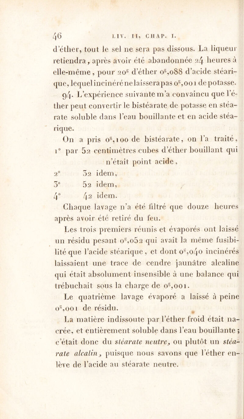 d’éther, tout Je sel ne se^a pas dissous. La liqueur retiendra, après avoir été abandonnée 24 heures à elle-même, pour 20s d’éther og,o88 d’acide stéari- que, lequelincinérénelaisserapaso8,ooi dépotasse. 94. L’expérience suivante m’a convaincu que l’é- ther peut convertir le bistéarate de potasse en stéa- rate soluble dans l’eau bouillante et en acide stéa- rique. On a pris o8,100 de bistéarate, on l’a traité, i° par 52 centimètres cubes d’éther bouillant qui n’était point acide. 20 02 idem, 3° 62 idem, 4° 4-2 idem. Chaque lavage n’a été filtré que douze heures après avoir été retiré du feu. Les trois premiers réunis et évaporés ont laissé un résidu pesant o8,o52 qui avait la même fusibi- lité que l’acide stéarique, et dont o8,o4o incinérés laissaient une trace de cendre jaunâtre alcaline qui était absolument insensible à une balance qui trébuchait sous la charge de og,ooi. Le quatrième lavage évaporé a laissé à peine o8,001 de résidu. La matière indissoute par l’éther froid était na- crée, et entièrement soluble dans l’eau bouillante ; c’était donc du stéarate neutre, ou plutôt un stéa- rate alcalinj puisque nous savons que l’éther en- lève de l’acide au stéarate neutre.