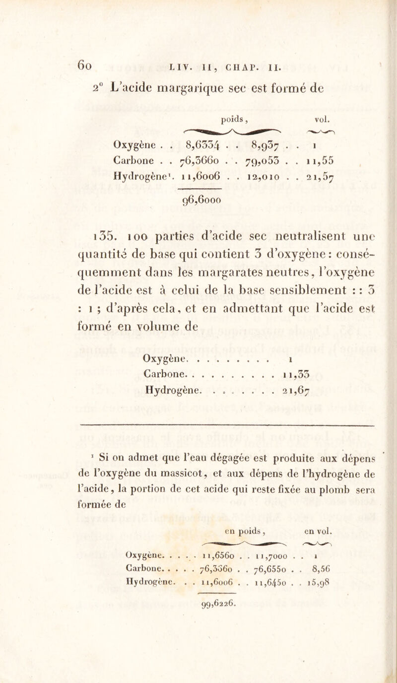 2° L’acide margarique sec est formé de poids , vol. Oxygène . . 8,6354 • • 8,937 . . i Carbone . . 76,3660 . . 79,055 . . 11,55 Hydrogène1. 11,6006 . . 12,010 . . 21,57 96,6000 135. 100 parties d’acide sec neutralisent une quantité de base qui contient 3 d’oxygène: consé- quemment dans les margarates neutres, l’oxygène de l’acide est à celui de la base sensiblement : : 3 : 1 ; d’après cela, et en admettant que l’acide est formé en volume de Oxygène. . . . Carbone Hydrogène. . . . . 11,55 . . 21,67 1 Si on admet que beau dégagée est produite aux dépens de l’oxygène du massicot, et aux dépens de l’hydrogène de l’acide, la portion de cet acide qui reste fixée au plomb sera formée de en poids, en vol. Oxygène. .... n,656o . . 11,7000 . . 1 Carbone 76,3860 . . 76,6550 . . 8,56 Hydrogène. . . 11,6006 . . ii,645o . . 16,98 99,6226.