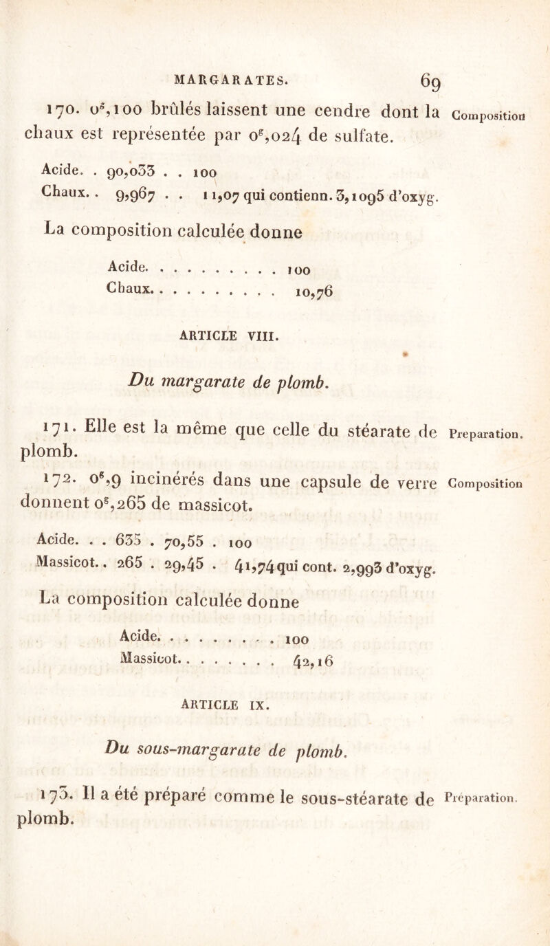 170. O*, 100 brûlés laissent une cendre dont la composition chaux est représentée par os,024 de sulfate. Acide. . 90,053 . . 100 Chaux.. 9,967 . . 11,07 qui contienn. 3,1095 d’oxyg. La composition calculée donne Acide 100 Chaux 10,76 ARTICLE VIII. / * Du margarate de plomb, 171. Elle est la même que celle du stéarate de Préparation, plomb. 1 j2. og,9 incinérés dans une capsule de verre Composition donnent os,265 de massicot. Acide. . . 635 . 70,55 . 100 Massicot.. a65 . 29,4£) . 4*>74qui cont. 2,993 d’oxyg. La composition calculée donne Acide . 100 Massicot 42,16 ARTICLE IX. Du sous-margarate de plomb. 170. Il a été préparé comme le sous-stéarate de Préparation. plomb.