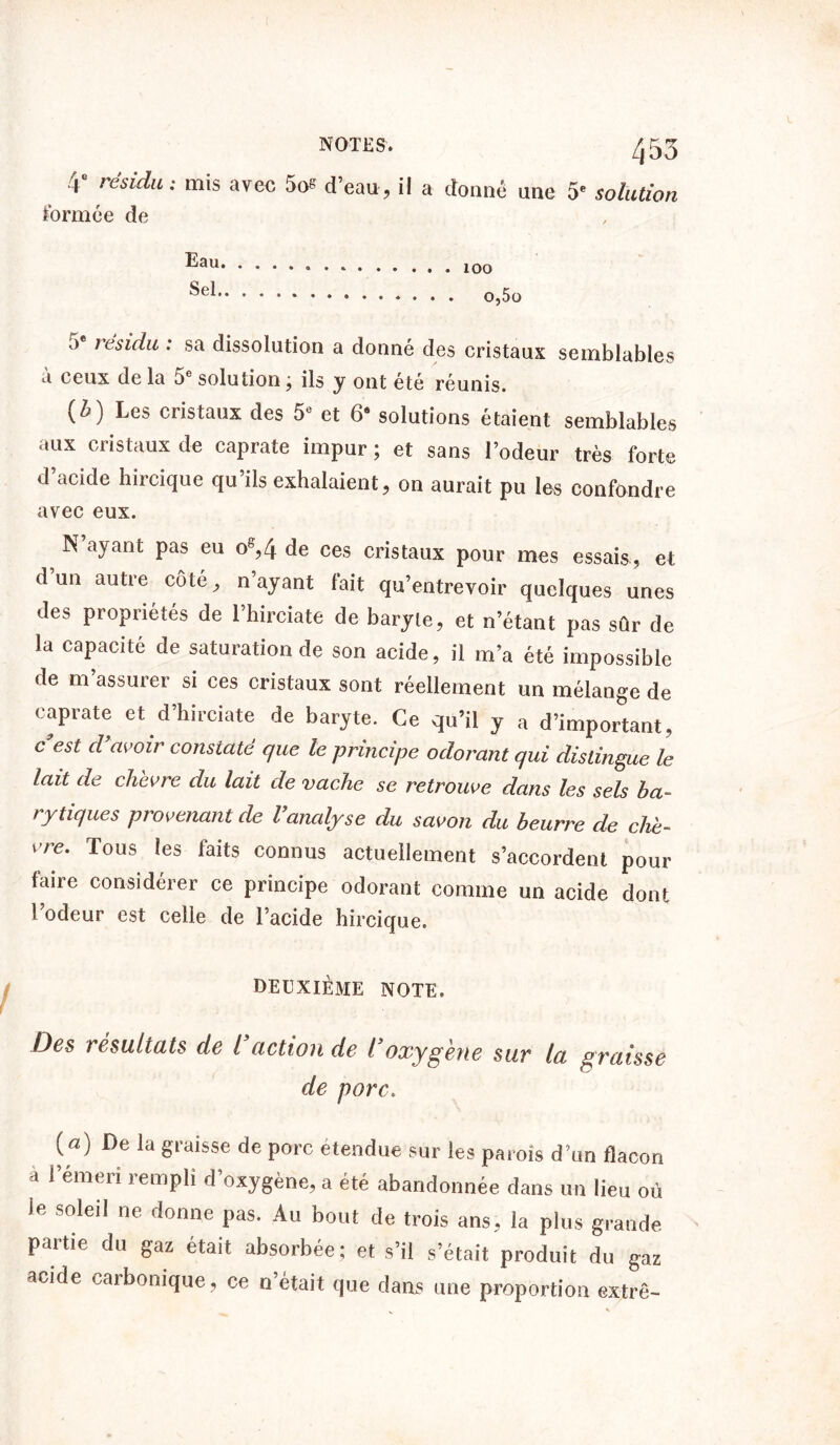 4° résida ; mis avec 5o& formée de d’eau, il a donné une 5e solation Eau Sel. 100 o,5o ô résida : sa dissolution a donné des cristaux semblables ceux de la 5e solution ; ils y ont été réunis. (*) Les cristaux des 5« et 6* solutions étaient semblables aux cristaux de caprate impur ; et sans l’odeur très forte d’acide hircique qu’ils exhalaient, on aurait pu les confondre avec eux. N’ayant pas eu o8,4 de ces cristaux pour mes essais, et d un autre côte, n’ayant fait qu’entrevoir quelques unes des propriétés de l’hirciate de baryte, et n’étant pas sûr de la capacité de saturation de son acide, il m’a été impossible de m’assurer si ces cristaux sont réellement un mélange de caprate et d’hirciate de baryte. Ce qu’il y a d’important, c est d'avoir constaté que le principe odorant qui distingue le lait de chèvre du lait de vache se retrouve dans les sels ba- ry tiques provenant de l’analyse du savon du beurre de chè- vre. Tous les faits connus actuellement s’accordent pour faire considérer ce principe odorant comme un acide dont Codeur est celle de l’acide hircique. DEUXIÈME NOTE. Des résultats de l action de l’oxygène sur la graisse de porc. («) De la graisse de porc étendue sur les parois d’un flacon a l’émeri rempli d’oxygène, a été abandonnée dans un lieu où le soleil ne donne pas. Au bout de trois ans, la plus grande partie du gaz était absorbée; et s’il s’était produit du gaz acide carbonique, ce n’était que dans une proportion extrê-