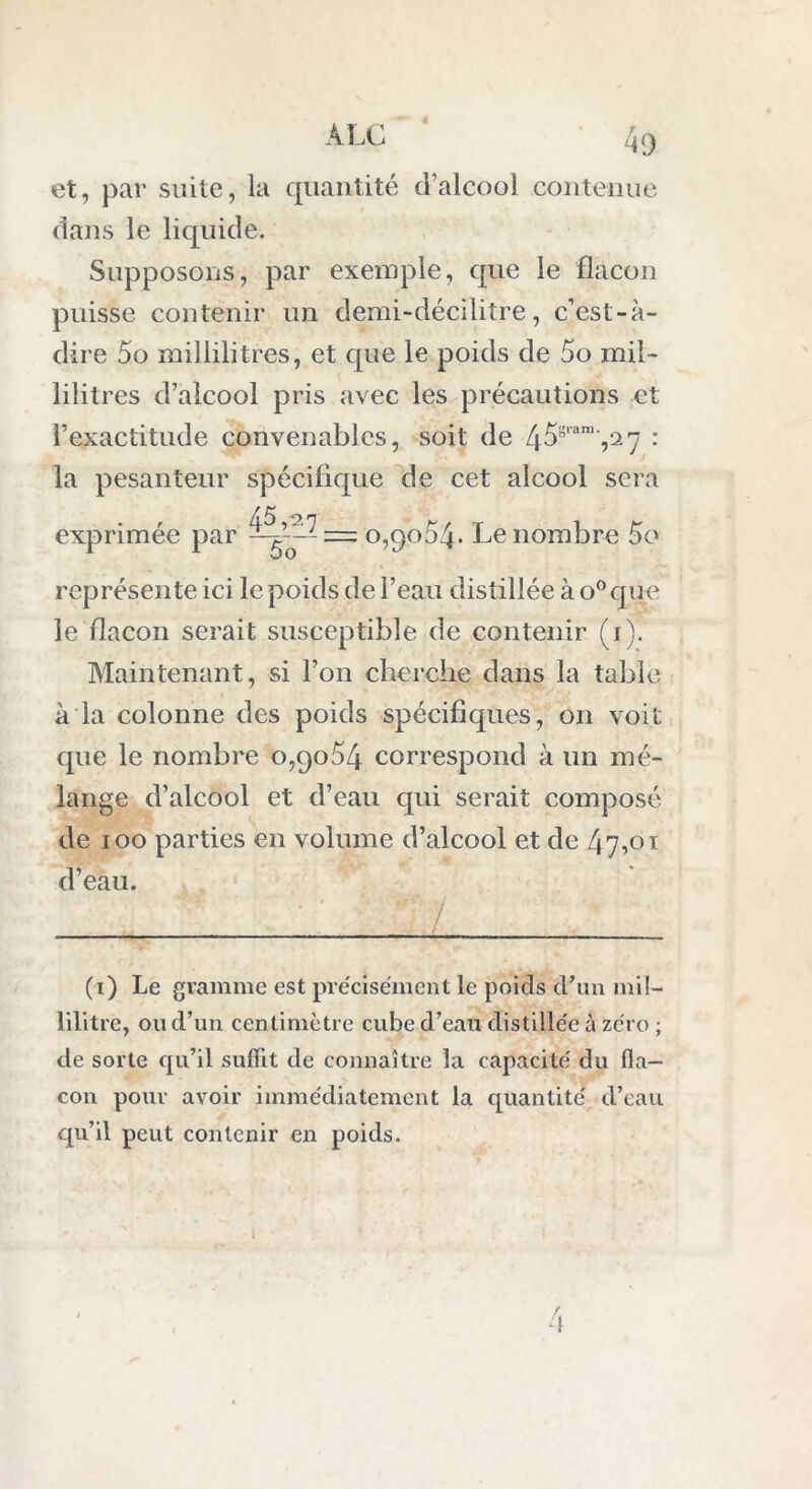 et, par suite, la quantité d’alcool contenue dans le liquide. Supposons, par exemple, que le flacon puisse contenir un demi-décilitre, c’est-à- dire 5o millilitres, et que le poids de 5o mil- lilitres d’alcool pris avec les précautions et l’exactitude convenables, soit de 45gvara',2 7 : la pesanteur spécifique de cet alcool sera r A.£) O.*! exprimée par 0,9054. Le nombre 5o représente ici le poids de l’eau distillée à o°que le flacon serait susceptible de contenir (i). Maintenant, si l’on cherche dans la table à la colonne des poids spécifiques, on voit que le nombre 0,9054 correspond à un mé- lange d’alcool et d’eau qui serait composé de 100 parties en volume d’alcool et de 47,01 d’eau. , ___ (1) Le gramme est précisément le poiàs'd’un mil- lilitre, ou d’un centimètre cube d’eau distillée à zéro ; de sorte qu’il suffit de connaître la capacité du fla- con pour avoir immédiatement la quantité d’eau qu’il peut contenir en poids.