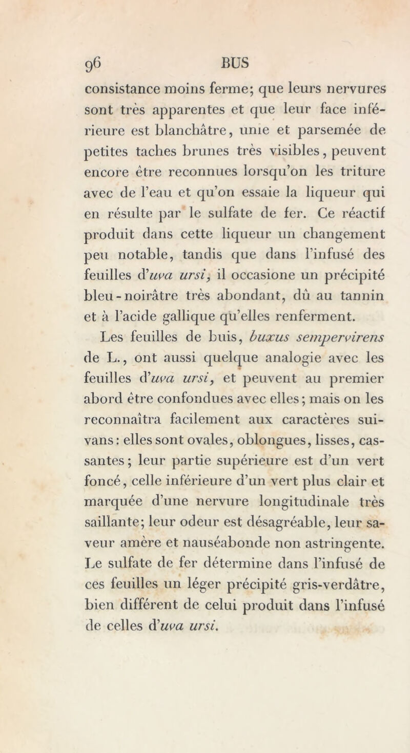 consistance moins ferme; que leurs nervures sont très apparentes et que leur face infé- rieure est blanchâtre, unie et parsemée de petites taches brunes très visibles, peuvent encore être reconnues lorsqu’on les triture avec de l’eau et qu’on essaie la liqueur qui en résulte par le sulfate de fer. Ce réactif produit dans cette liqueur un changement peu notable, tandis que dans l’infusé des feuilles d'uva ursi, il occasione un précipité bleu-noirâtre très abondant, dû au tannin et à l’acide gallique qu’elles renferment. Les feuilles de buis, buxus sempervirens de L., ont aussi quelque analogie avec les feuilles d'uva ursi, et peuvent au premier abord être confondues avec elles ; mais on les reconnaîtra facilement aux caractères sui- vans: elles sont ovales, oblongues, lisses, cas- santes ; leur partie supérieure est d’un vert foncé, celle inférieure d’un vert plus clair et marquée d’une nervure longitudinale très saillante; leur odeur est désagréable, leur sa- veur amère et nauséabonde non astringente. Le sulfate de fer détermine dans l’infusé de ces feuilles un léger précipité gris-verdâtre, bien différent de celui produit dans l’infusé de celles d'uva ursi.