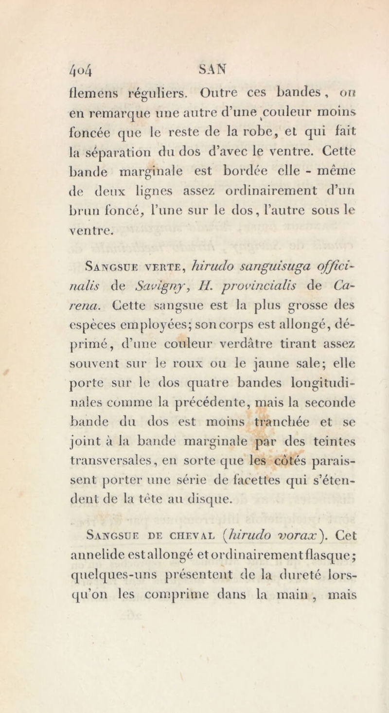 /,o4 SAN flemens réguliers. Outre ces bandes, on en remarque une autre d une couleur moins foncée que le reste de la robe, et qui fait la séparation du dos d’avec le ventre. Cette bande marginale est bordée elle - meme de deux lignes assez ordinairement d’un brun foncé, l’une sur le dos, l’autre sous le ventre. Sangsue verte, hirudo sanguisuga offici- nalis de Savigny, H. provincialis de Ca- réna. Cette sangsue est la plus grosse des espèces employées; son corps est allongé, dé- primé, d’une couleur verdâtre tirant assez souvent sur le roux ou le jaune sale; elle porte sur le dos quatre bandes longitudi- nales comme la précédente, mais la seconde bande du dos est moins tranchée et se joint à la bande marginale par des teintes transversales, en sorte que les côtés parais- sent porter une série de facettes qui s’éten- dent de la tète au disque. Sangsue de cheval (hiruclo vorax). Cet annelide est allongé et ordinairement flasque; quelques-uns présentent de la dureté lors- qu’on les comprime dans la main , mais