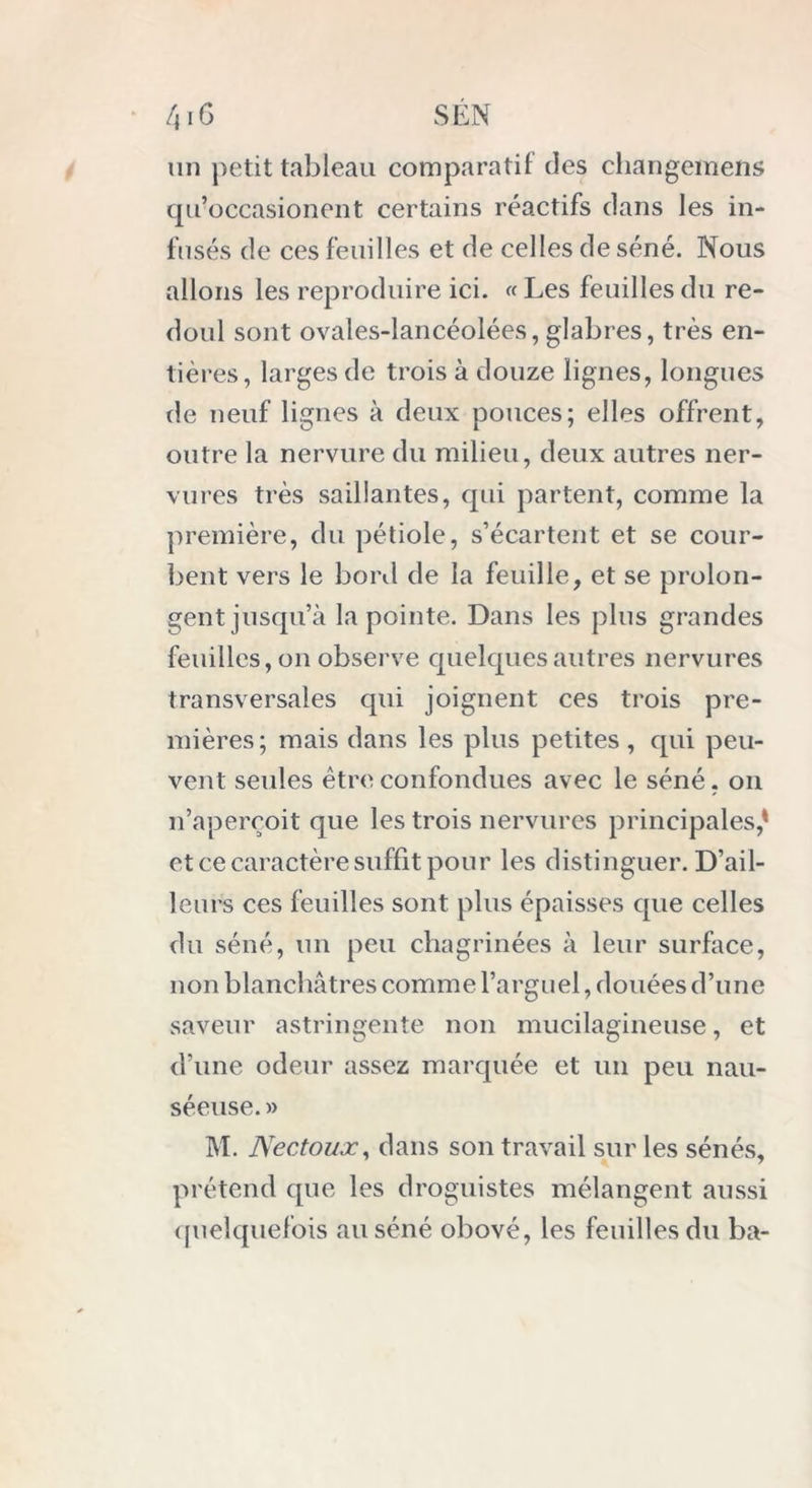 S EN !\ i G un petit tableau comparatif des changemens qu’occasionent certains réactifs dans les in- fusés de ces feuilles et de celles de séné. Nous allons les reproduire ici. « Les feuilles du re- doul sont ovales-lancéolées, glabres, très en- tières, larges de trois à douze lignes, longues de neuf lignes à deux pouces; elles offrent, outre la nervure du milieu, deux autres ner- vures très saillantes, qui partent, comme la première, du pétiole, s’écartent et se cour- bent vers le bord de la feuille, et se prolon- gent jusqu’à la pointe. Dans les plus grandes feuilles, on observe quelques autres nervures transversales qui joignent ces trois pre- mières; mais dans les plus petites , qui peu- vent seules être confondues avec le séné, on n’apercoit que les trois nervures principales,1 et ce caractère suffit pour les distinguer. D’ail- leurs ces feuilles sont plus épaisses que celles du séné, un peu chagrinées à leur surface, non blanchâtres comme l’arguel, douées d’une saveur astringente non mucilagineuse, et d'une odeur assez marquée et un peu nau- séeuse. » M. Nectoux, dans son travail sur les sénés, prétend que les droguistes mélangent aussi quelquefois au séné obové, les feuilles du ba-