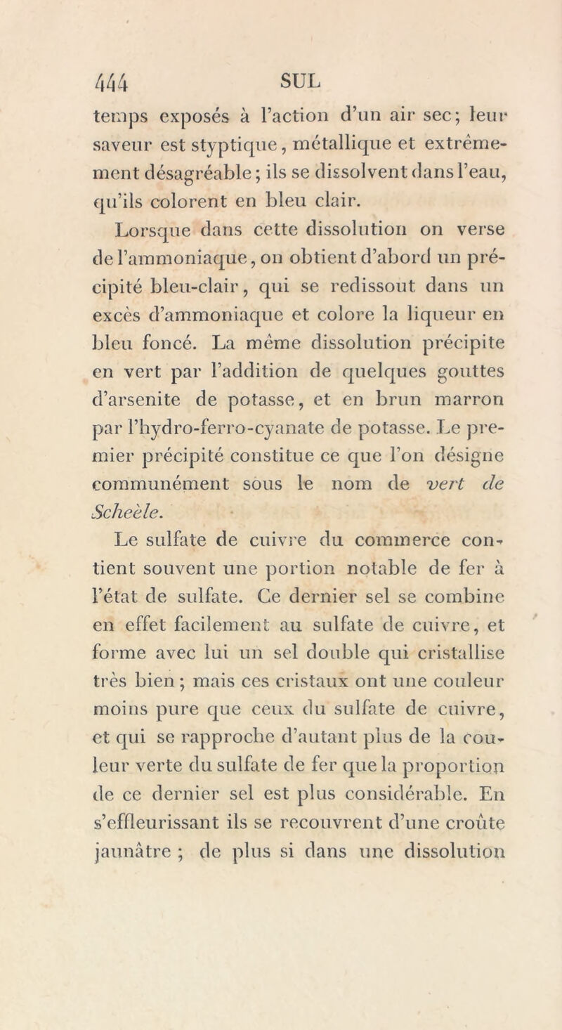 temps exposés à l’action d’un air sec; leur saveur est styp tique, métallique et extrême- ment désagréable ; ils se dissolvent dans l’eau, qu’ils colorent en bleu clair. Lorsque dans cette dissolution on verse de l’ammoniaque, on obtient d’abord un pré- cipité bleu-clair , qui se redissout dans un excès d’ammoniaque et colore la liqueur en bleu foncé. La meme dissolution précipite en vert par l’addition de quelques gouttes d’arsenite de potasse, et en brun marron par l’hydro-ferro-cyanate de potasse. Le pre- mier précipité constitue ce que l’on désigne communément sous le nom de vert de Seize è le. Le sulfate de cuivre du commerce con- tient souvent une portion notable de fer à l’état de sulfate. Ce dernier sel se combine en effet facilement au sulfate de cuivre, et forme avec lui un sel double qui cristallise très bien ; mais ces cristaux ont une couleur moins pure que ceux du sulfate de cuivre, et qui sc rapproche d’autant plus de la cou- leur verte du sulfate de fer que la proportion de ce dernier sel est plus considérable. En s’effleurissant ils se recouvrent d’une croûte jaunâtre ; de plus si dans une dissolution